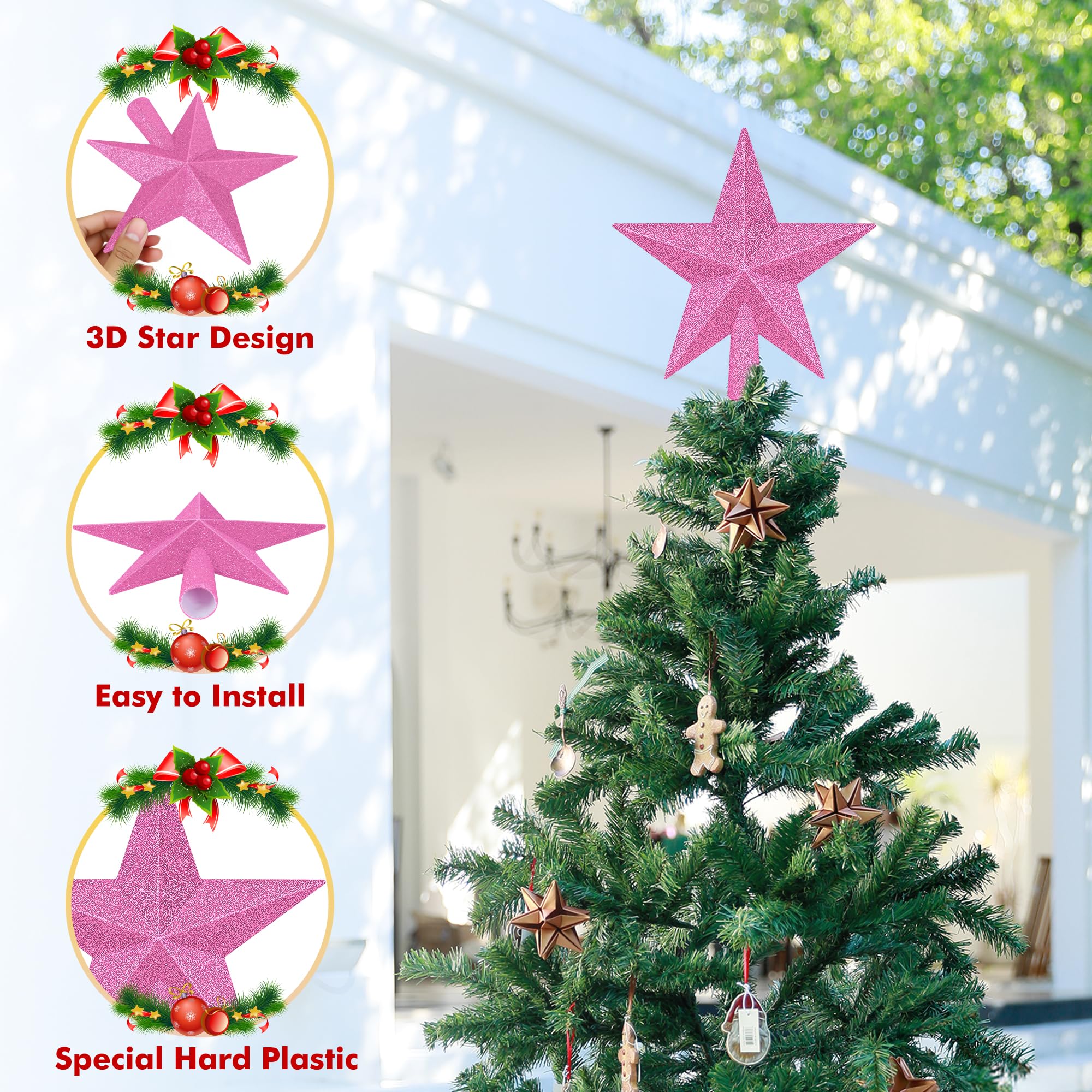 Christmas Tree Decoration, 8 Pink Christmas Tree Topper Star Accessories, Xmas Glitter 3D Bethlehem Tree Ornament, Waterproof Ho