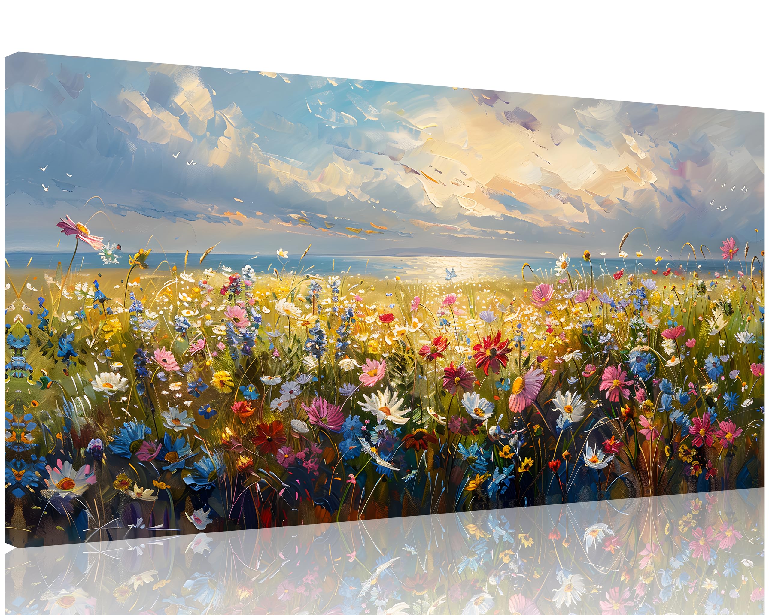 Tutubeer 1 Pcs Wildflower Field Artwork Rustic Wildflower Field At Beach Vintage Wall Art Canvas Prints Wild Flower Wall Art Rus