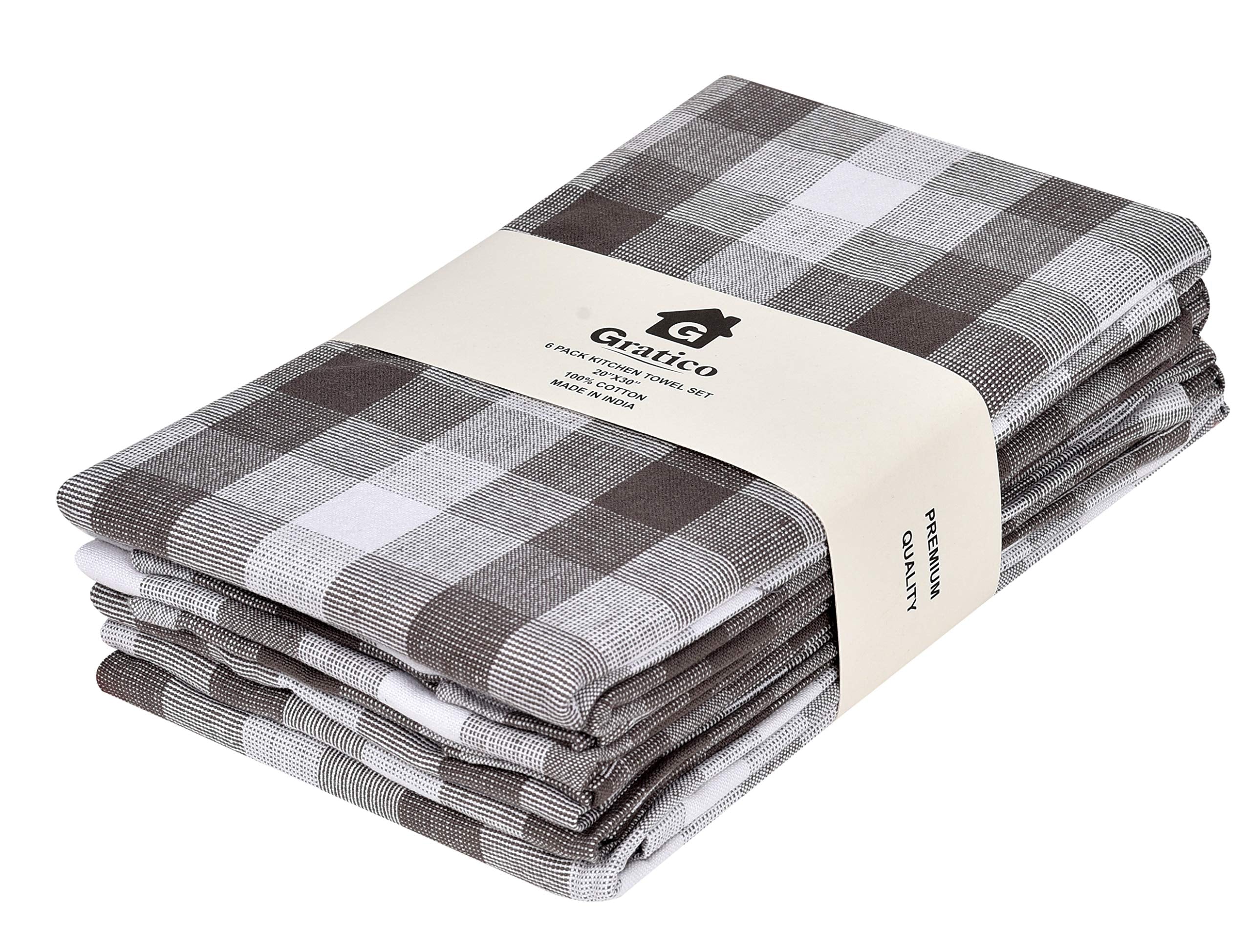 Gratico Kitchen Towels Set Of 6 Grey/White Checks Kitchen Towels 20X30 Inches 100% Cotton Highly Absorbent Kitchen Towels Premiu