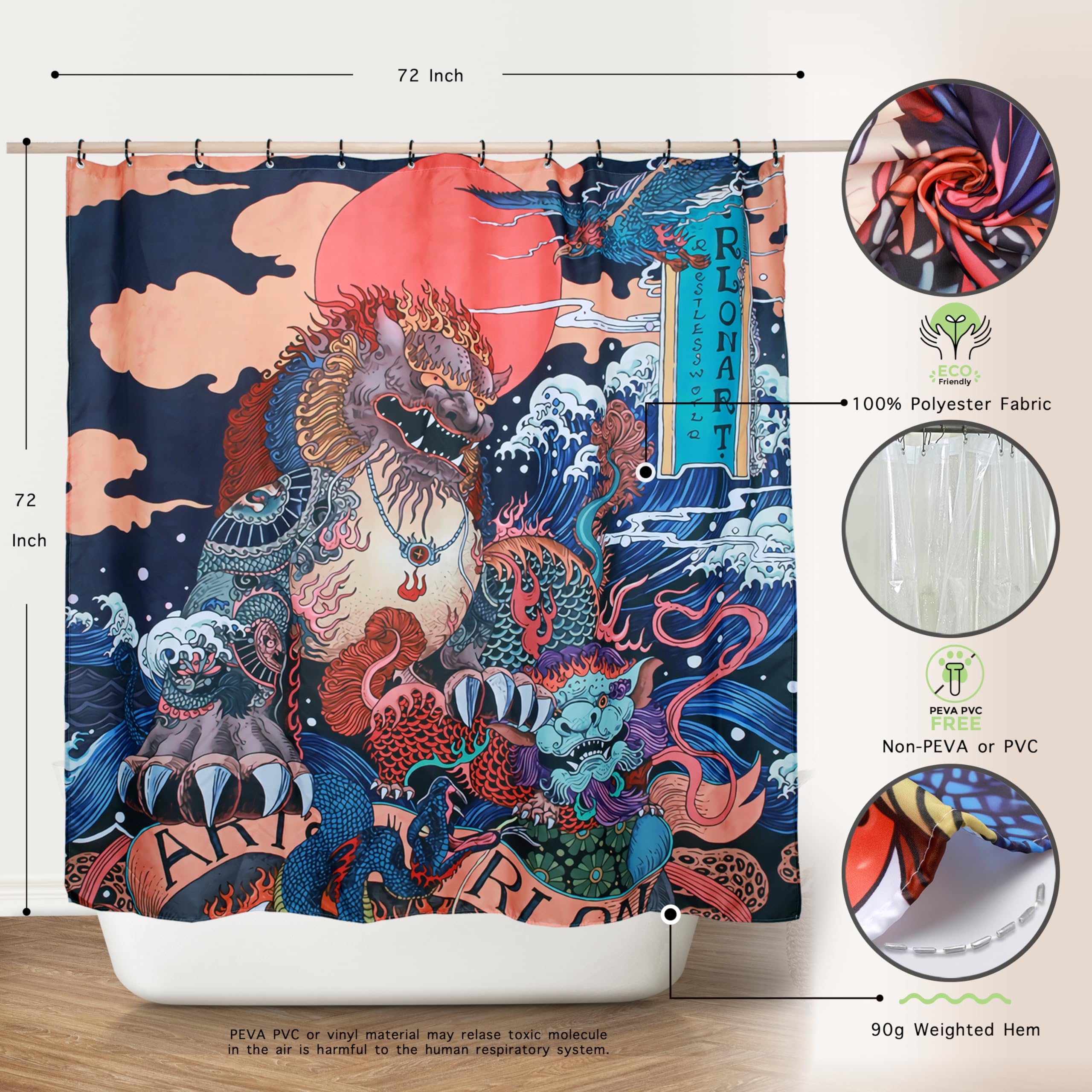 Spanker Space Colorful Asian Art Ukiyoe Chinese Mascot Kylin Great Waves Waterproof Fabric Unique Bath Shower Curtain With Hooks