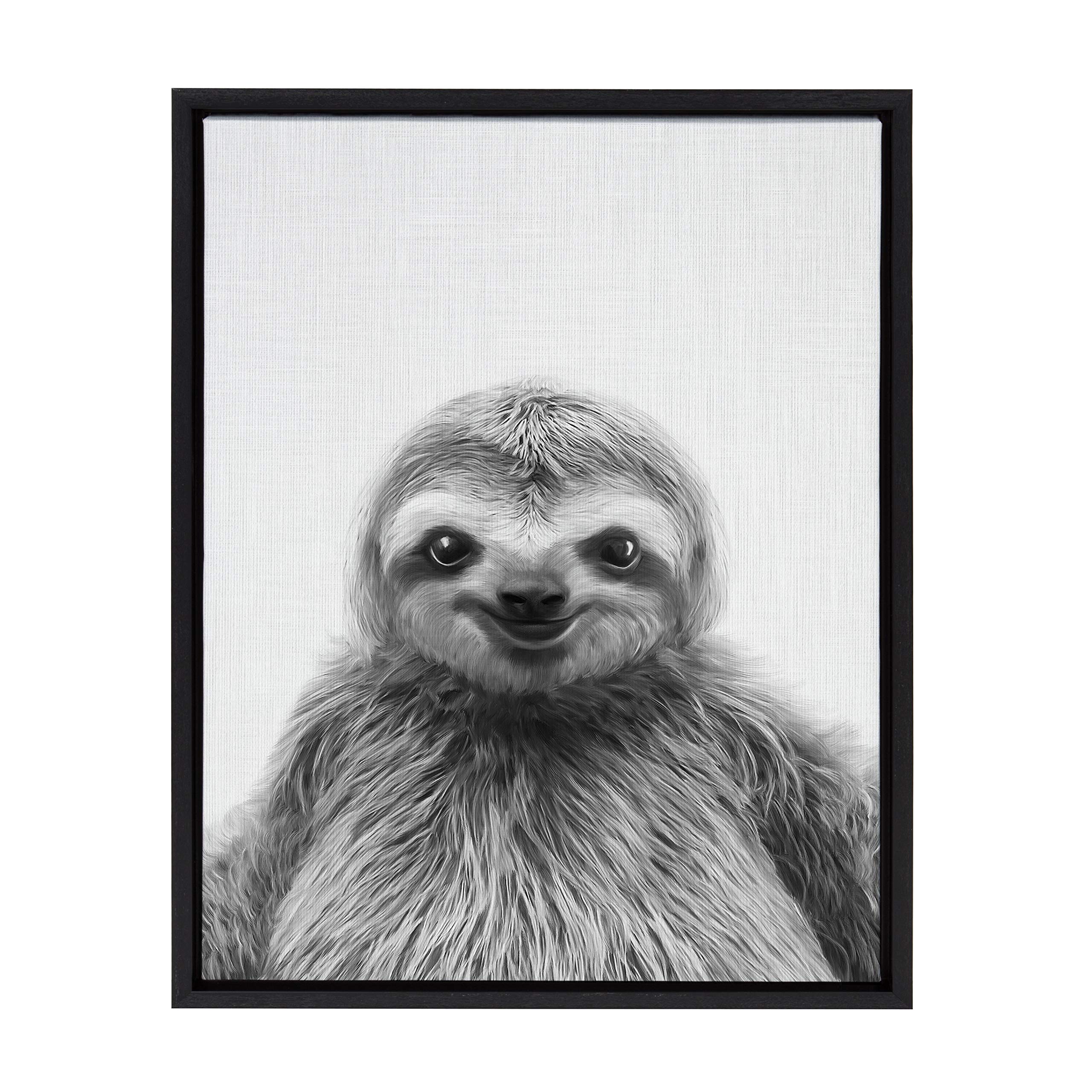 Kate And Laurel Sylvie Sloth Black And White Portrait Framed Canvas Wall Art By Simon Te Tai, 18X24 Black