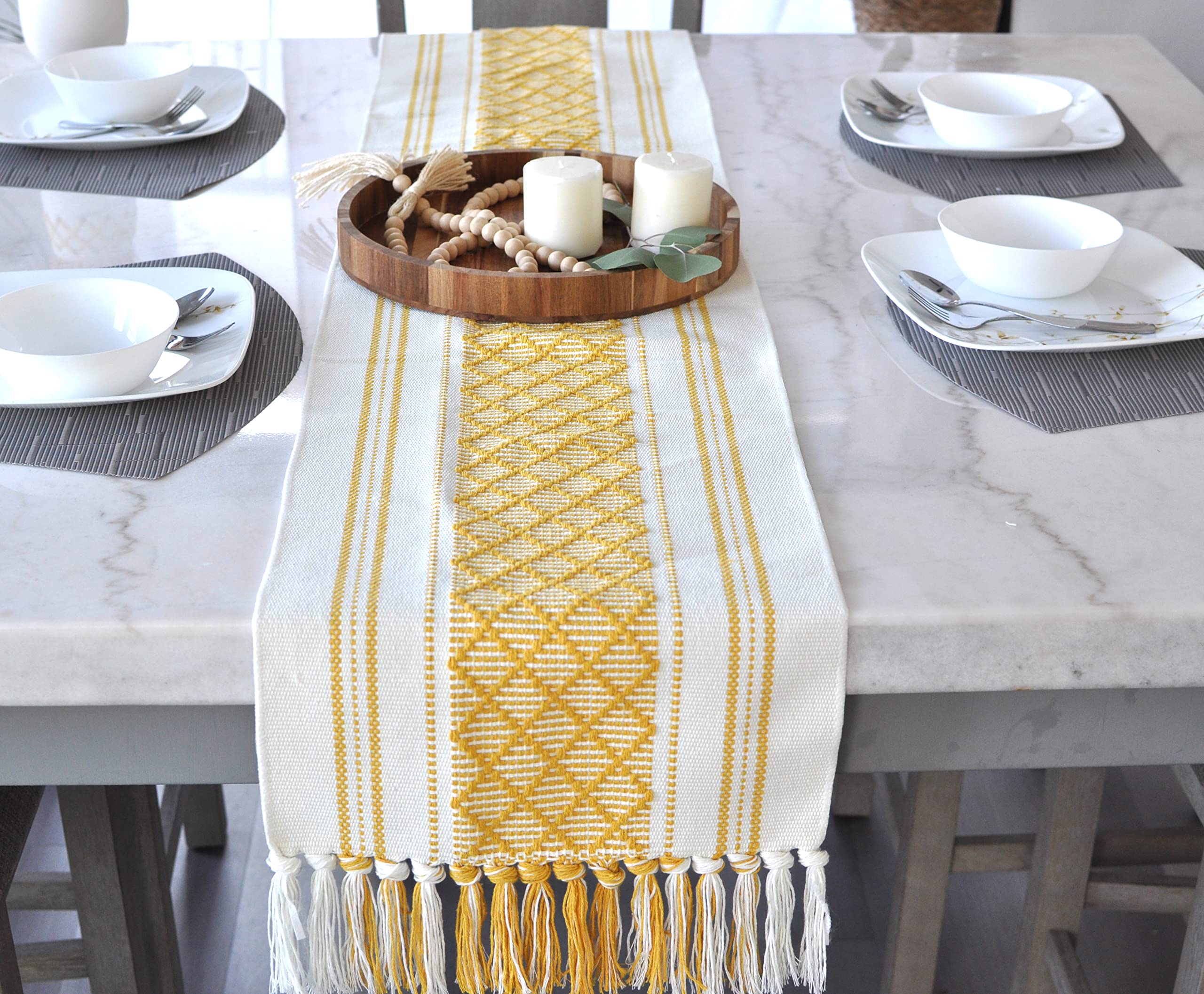 Oveesha Boho Table Runner With Tassels 14 X 72 Inches, Mustard Yellow & Cream | Woven Washable Dresser Scarf And Topper For Bedr