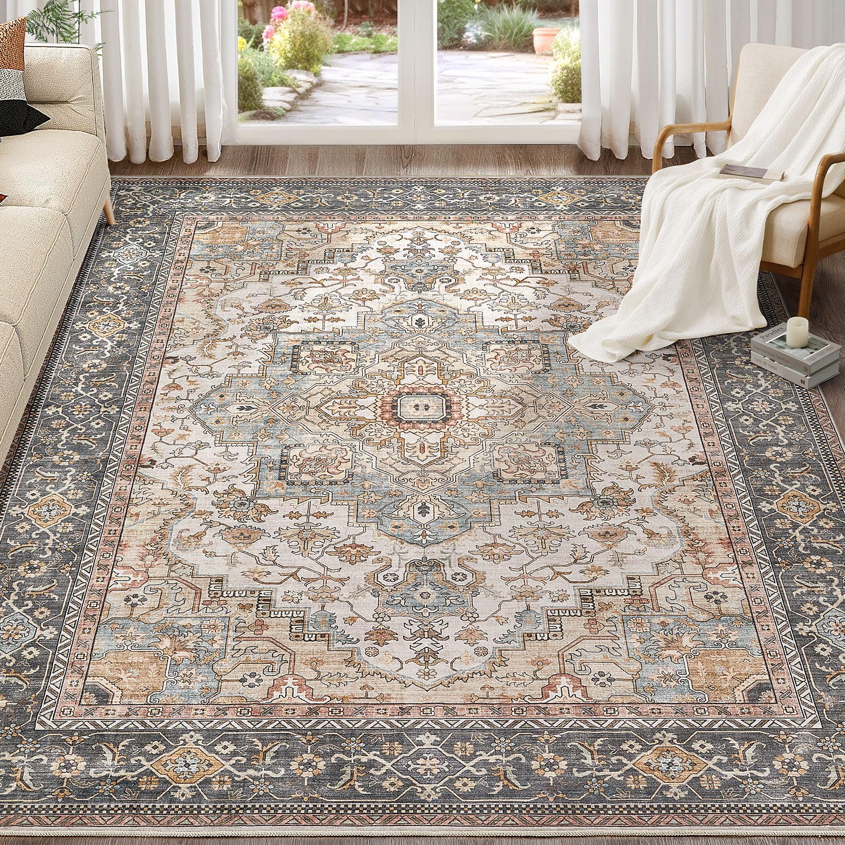 EIEIHOUSE Washable Area Rugs for Living Room - 10x14 Neutral Vintage Distressed Floral Farmhouse Boho Large Soft Floor Rug Indoo
