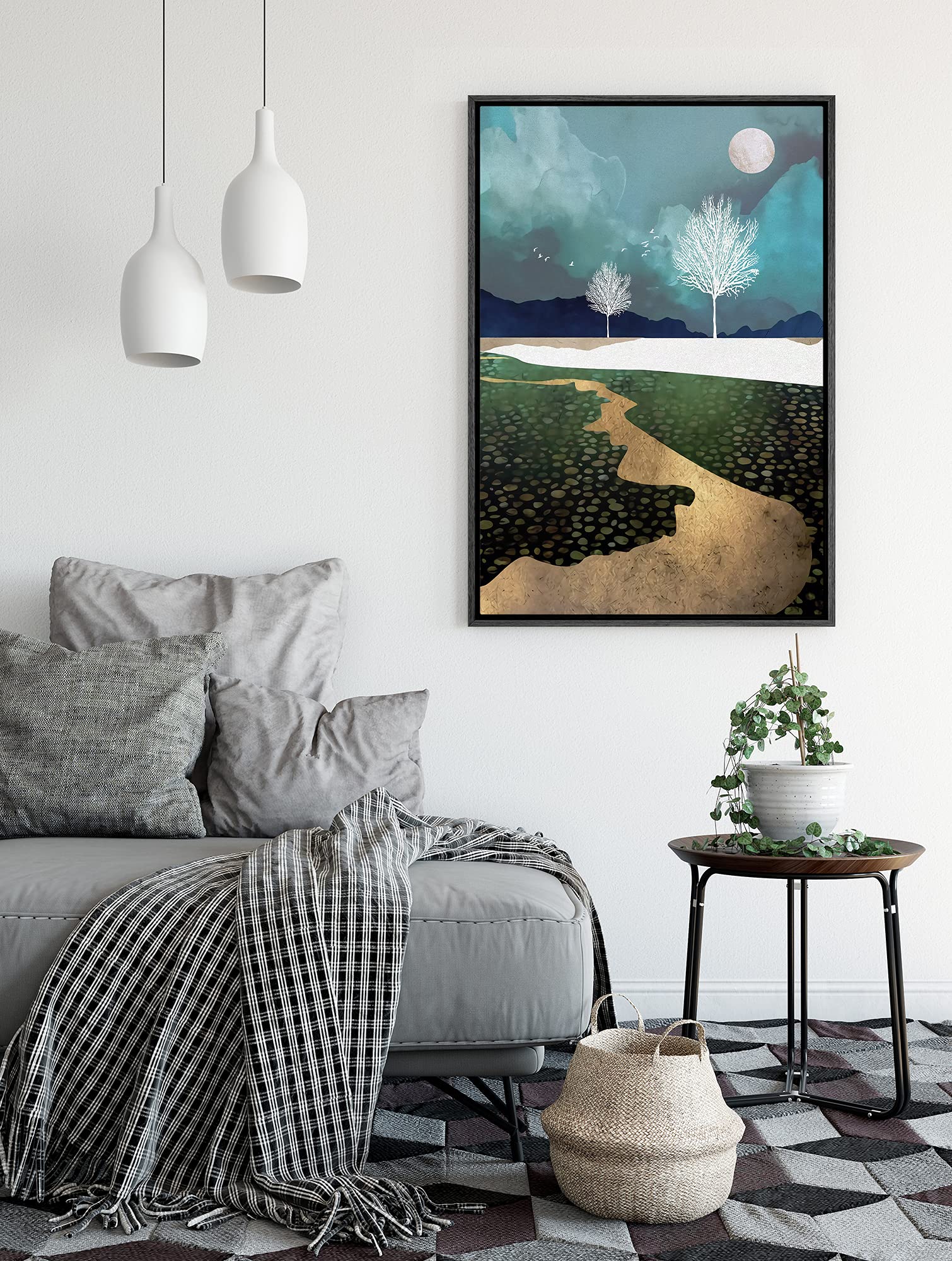 Signford Framed Canvas Print Wall Art Golden Path With White Tree Silhouettes Abstract Wilderness Illustrations Modern Art Conte