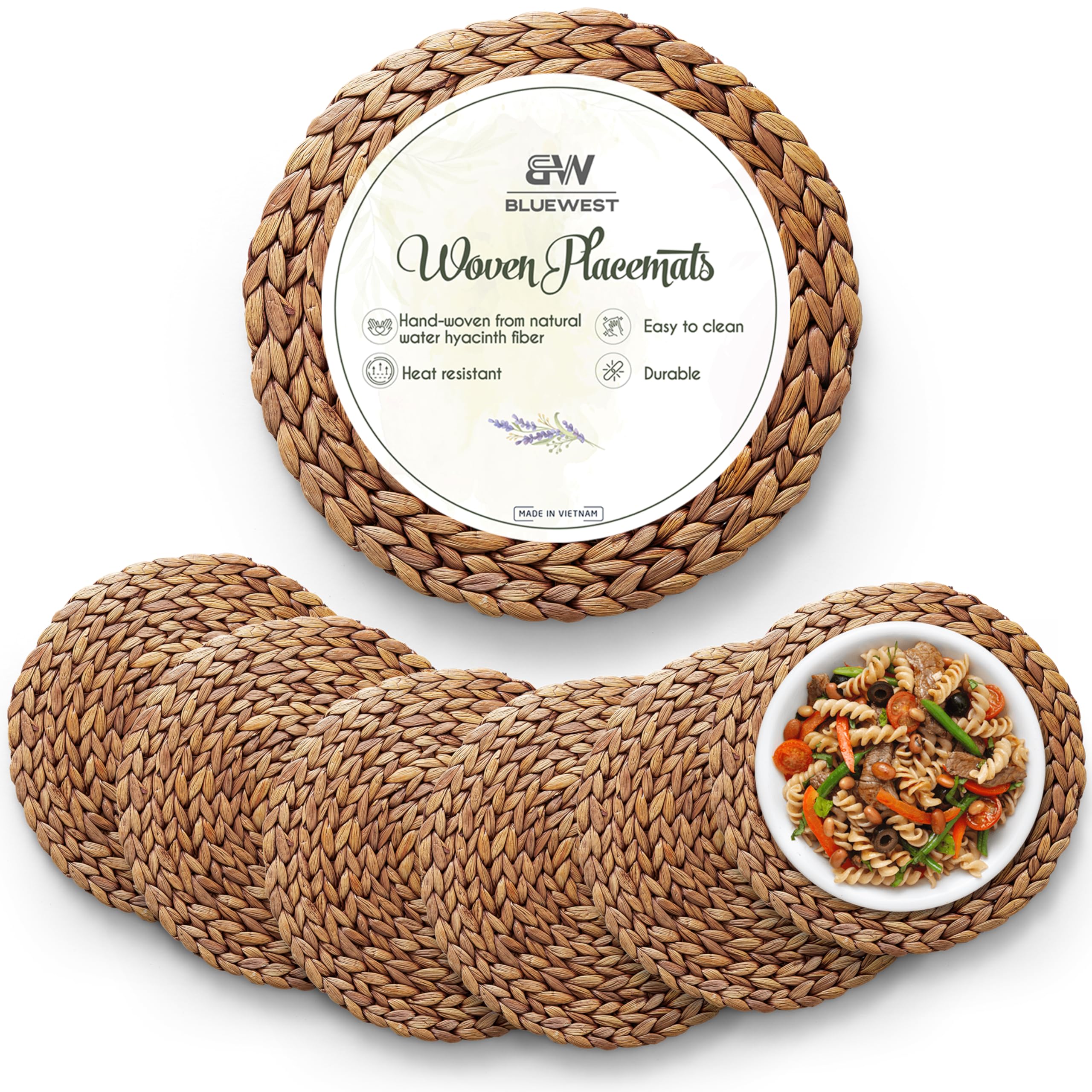 Bluewest Woven Placemats, (Sizes:118-135-15) Round Placemats Rattan Placemats, Wicker Water Hyacinth Placemats, Braided Placemat