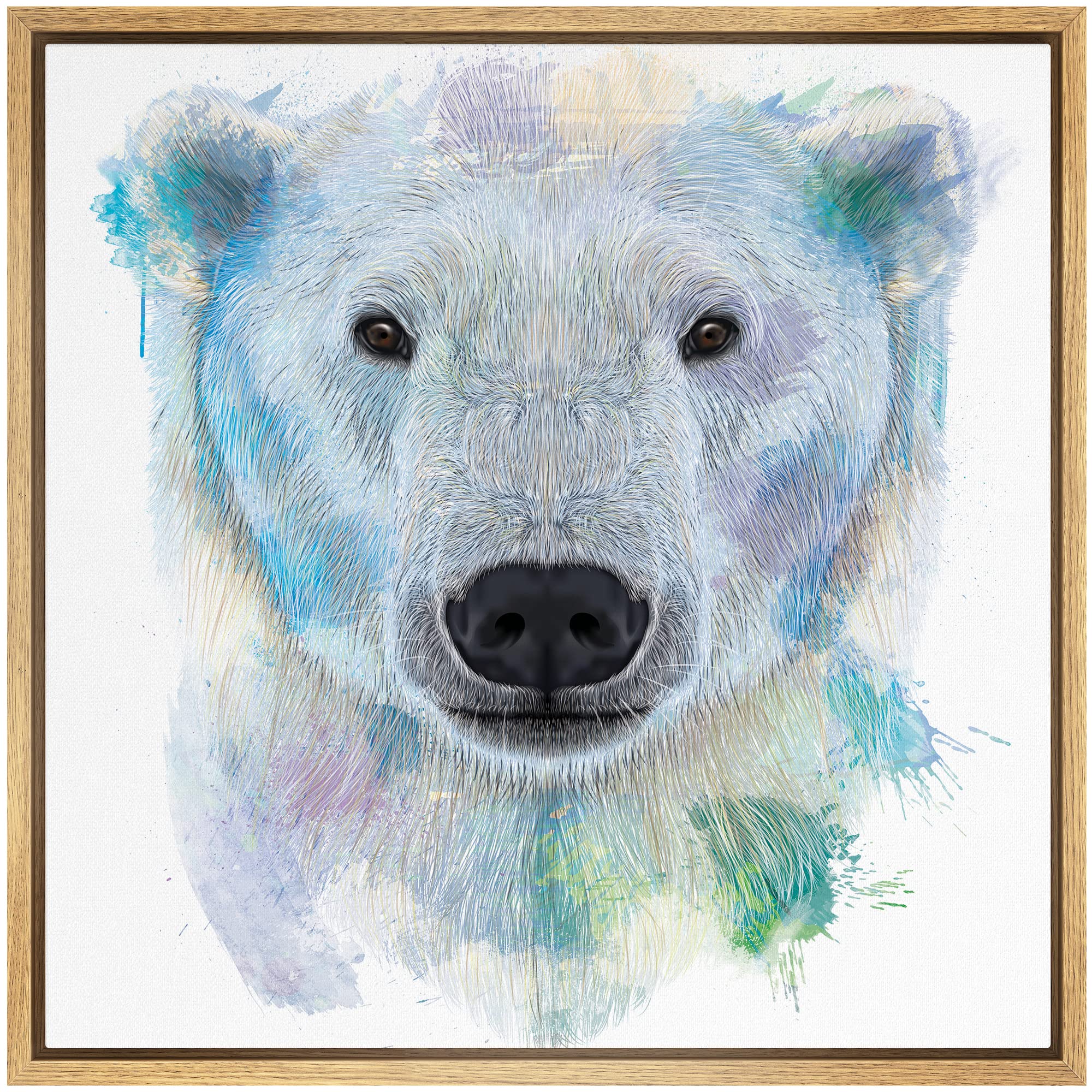 Wall26 - Fun And Colorful Splattered Watercolor Polar Bear - Framed Canvas Art Home Art - 24''X24'' Natural