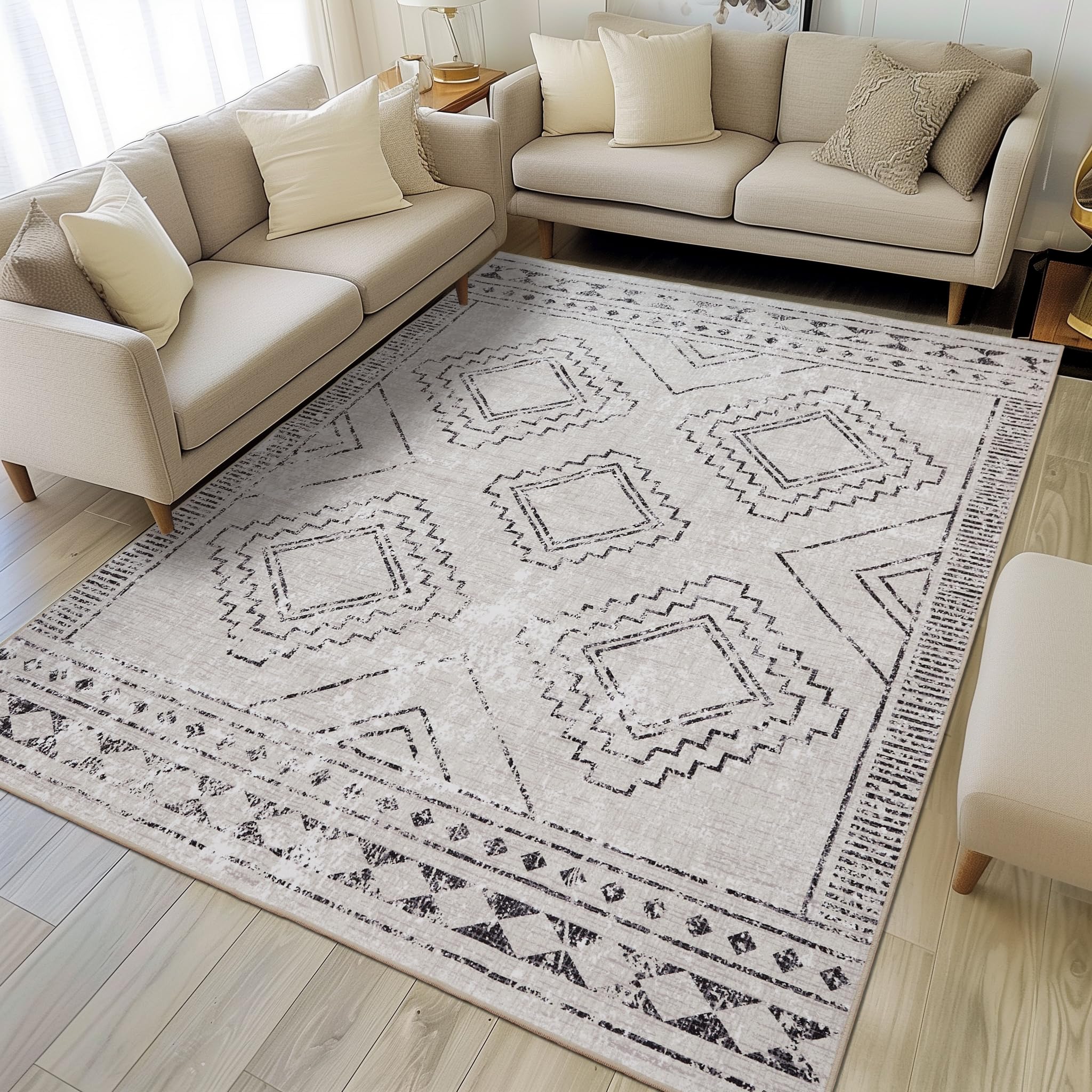 ILANGO Area Rugs 5x7, Moroccan Grey Rugs for Living Room Machine Washable Area Rugs Dedroom with Rubber Backing Non Slip Carpet 