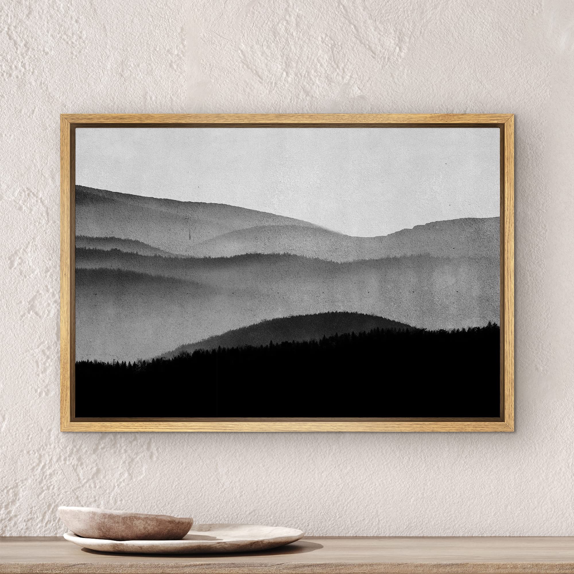 SIGNWIN Framed Canvas Print Wall Art Black Gray Watercolor Mountain Range Vista Abstract Nature Illustrations Modern Art Decorative Elements Duotone for Living Room  Bedroom  Office - 16''x24'' Natural