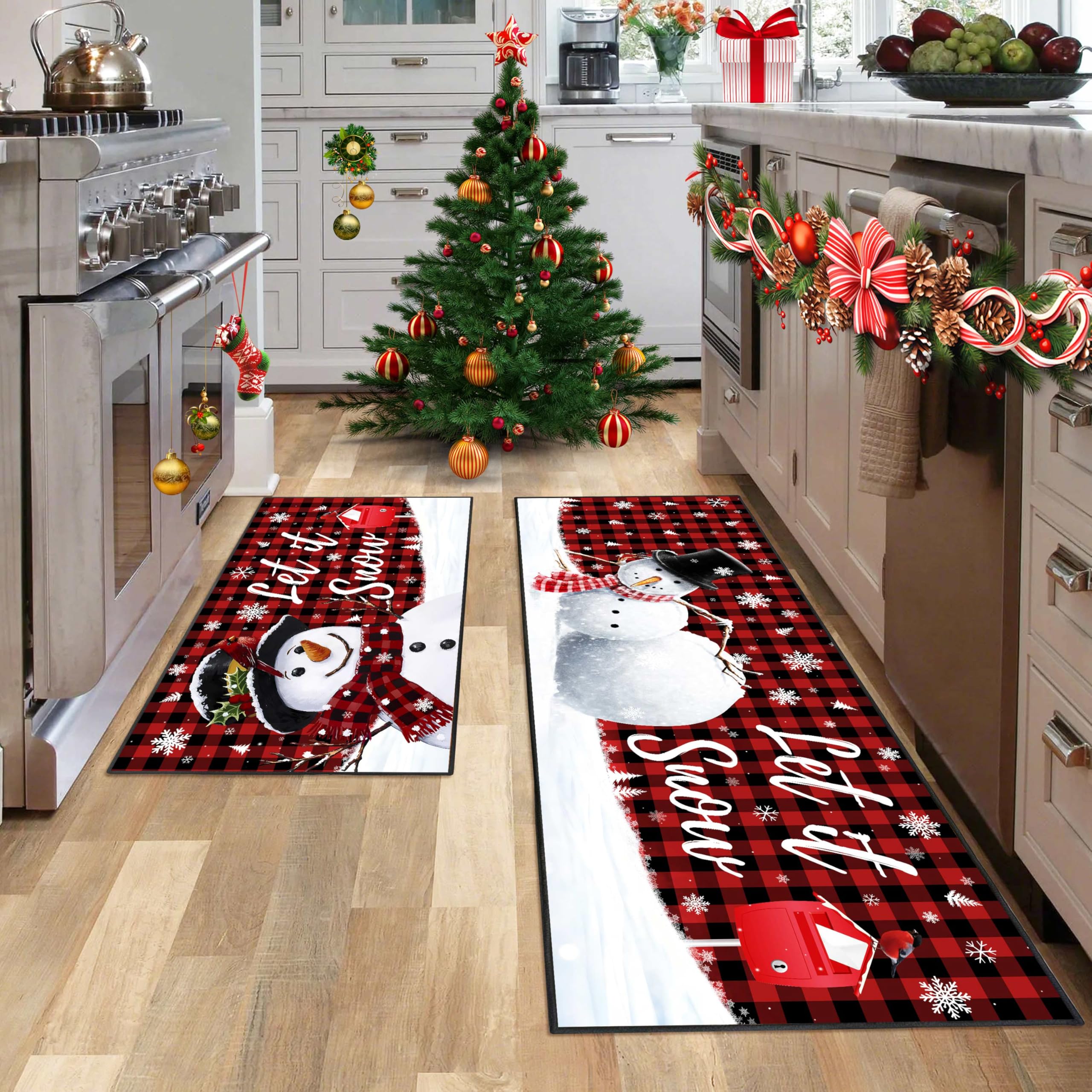 JWXCBIM Let It Snow Christmas Snowman Kitchen Rugs and Mats Set of 2, Buffalo Plaid Winter Snowflake Xmas Holiday Home Kitchen D