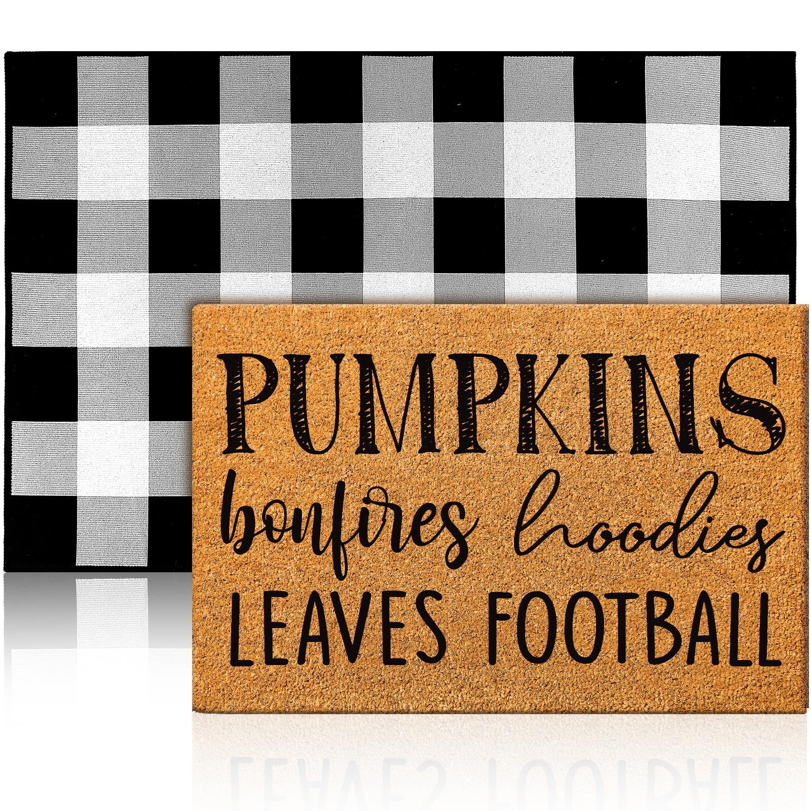 Duraaamo 2 Pcs Fall Thanksgiving Natural Coir Welcome Doormat Outdoor Pumpkins Bonfires Hoodies Football Leaves Mat Layered Buff