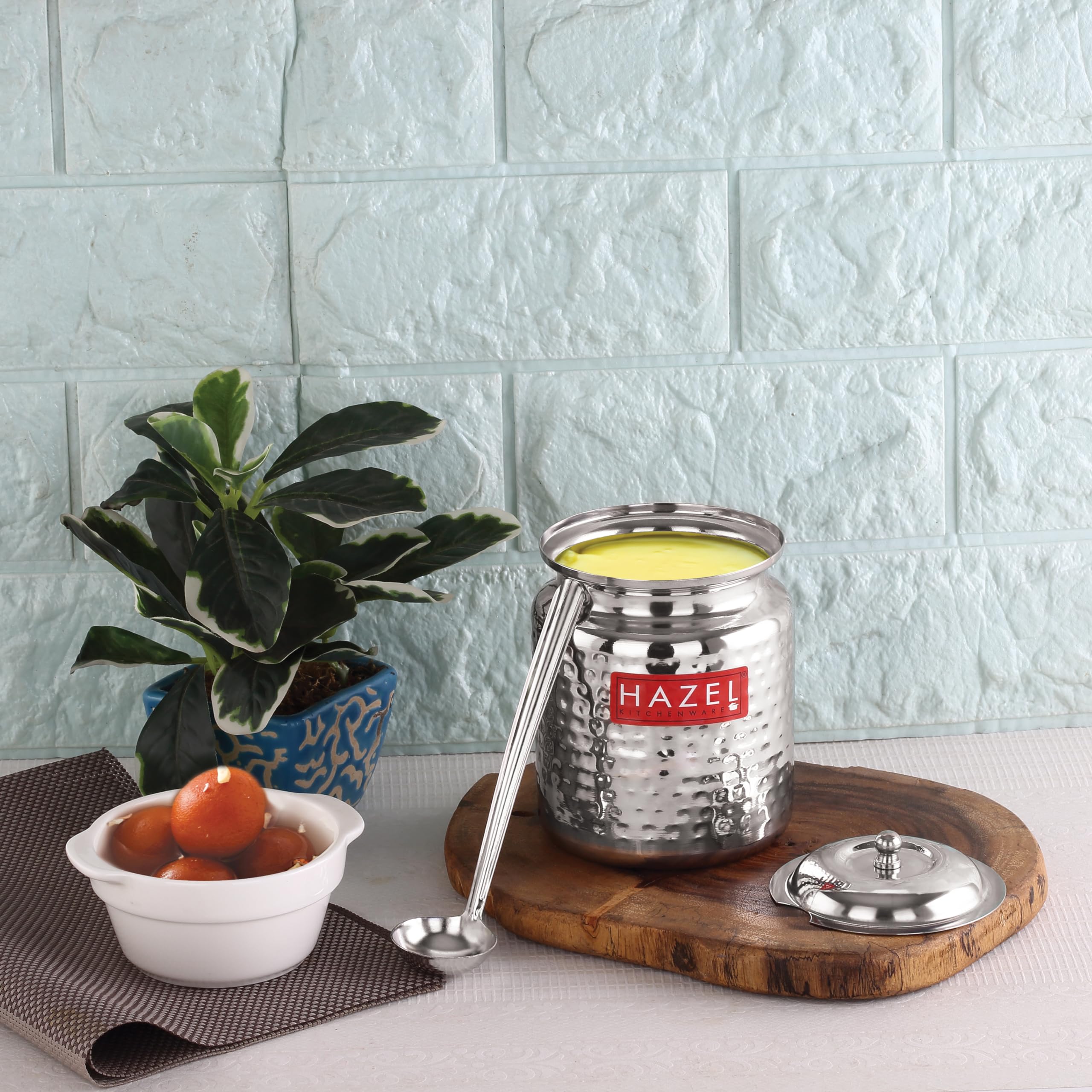 Hazel Stainless Steel Ghee Pot With Spoon | Oil Containers For Kitchen With Lid, 850 Ml