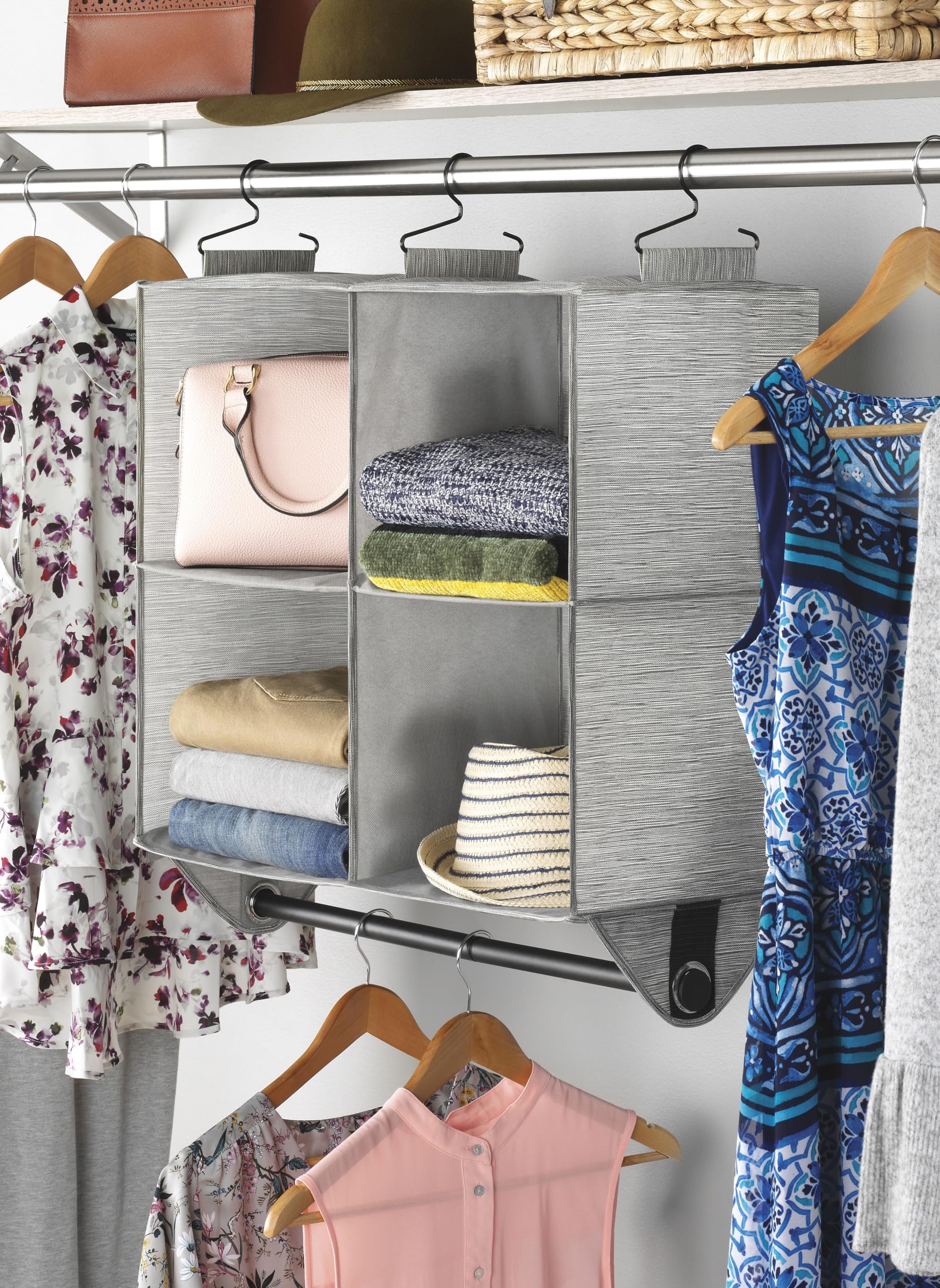 Whitmor Hanging Closet Organizer - 4 Section Closet Organizer With Garment Rod - Space-Dyed Grey