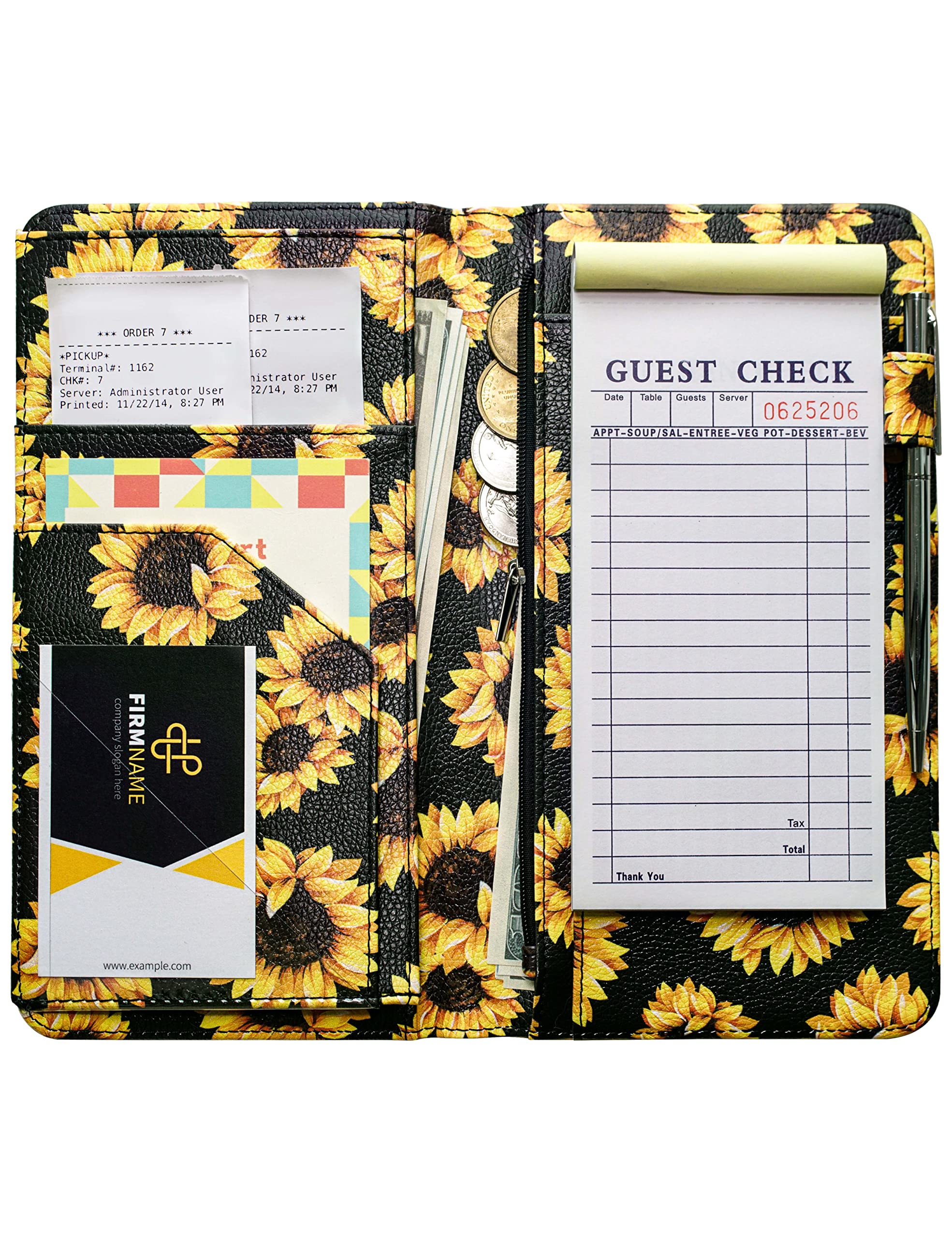 Server Book with Zipper Pocket and Magnetic Closure Server Booklet Waitress Book Serving Book with Money Pocket Waitstaff Organizer Fit Server Apron Waiter Book Wallet Sunflower