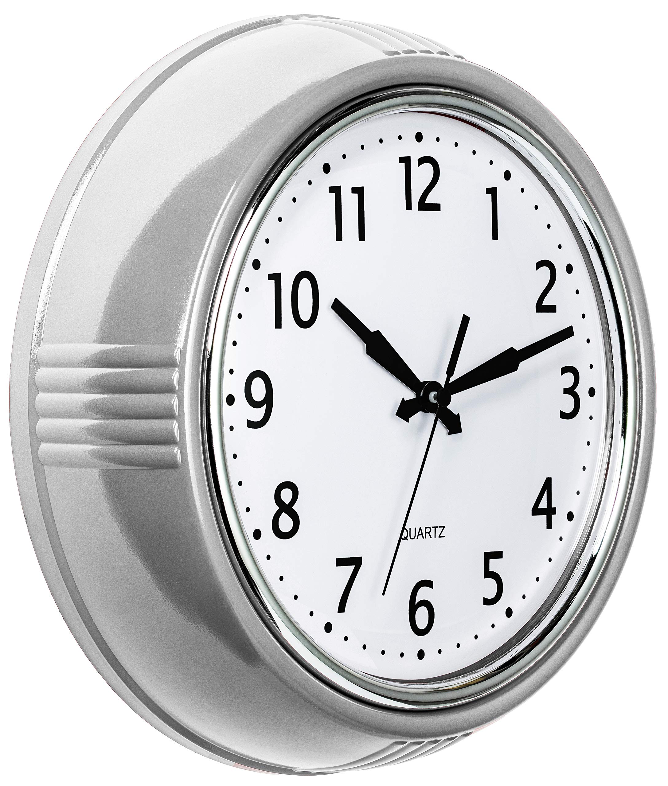 Bernhard Products Retro Wall Clock 9.5 Inch Silver Kitchen 50s Vintage Design Round Silent Non Ticking Quality Quartz Battery O