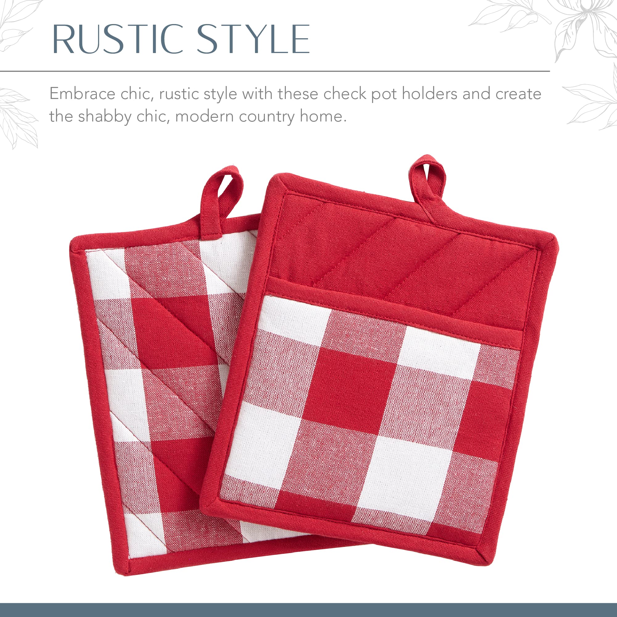 Elrene Home Fashions Farmhouse Living Buffalo-Check Pot-Holder Set, Rustic Pot Holders For Kitchen, Set Of 2, 8'' X 9'', Red/Whi