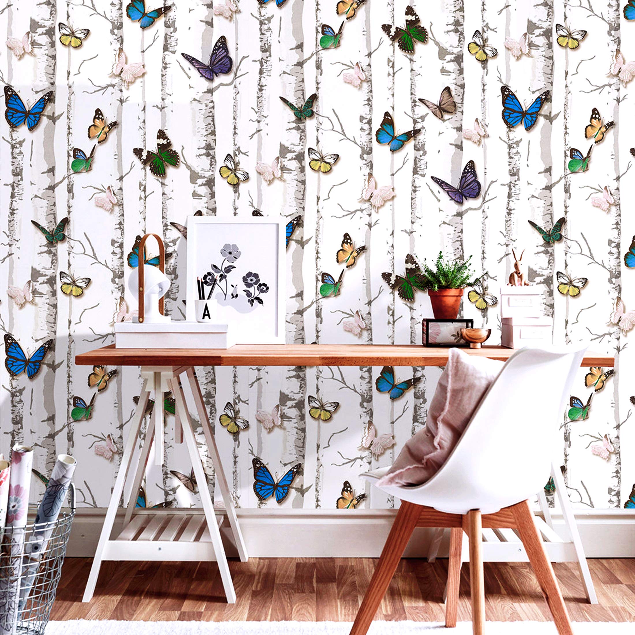 wolpin Wall Stickers 3D Butterfly Wallpaper Stark Tree (45 cm x 10 m) Design Self Adhesive Waterproof Nursery Wardrobe, Wall Dec