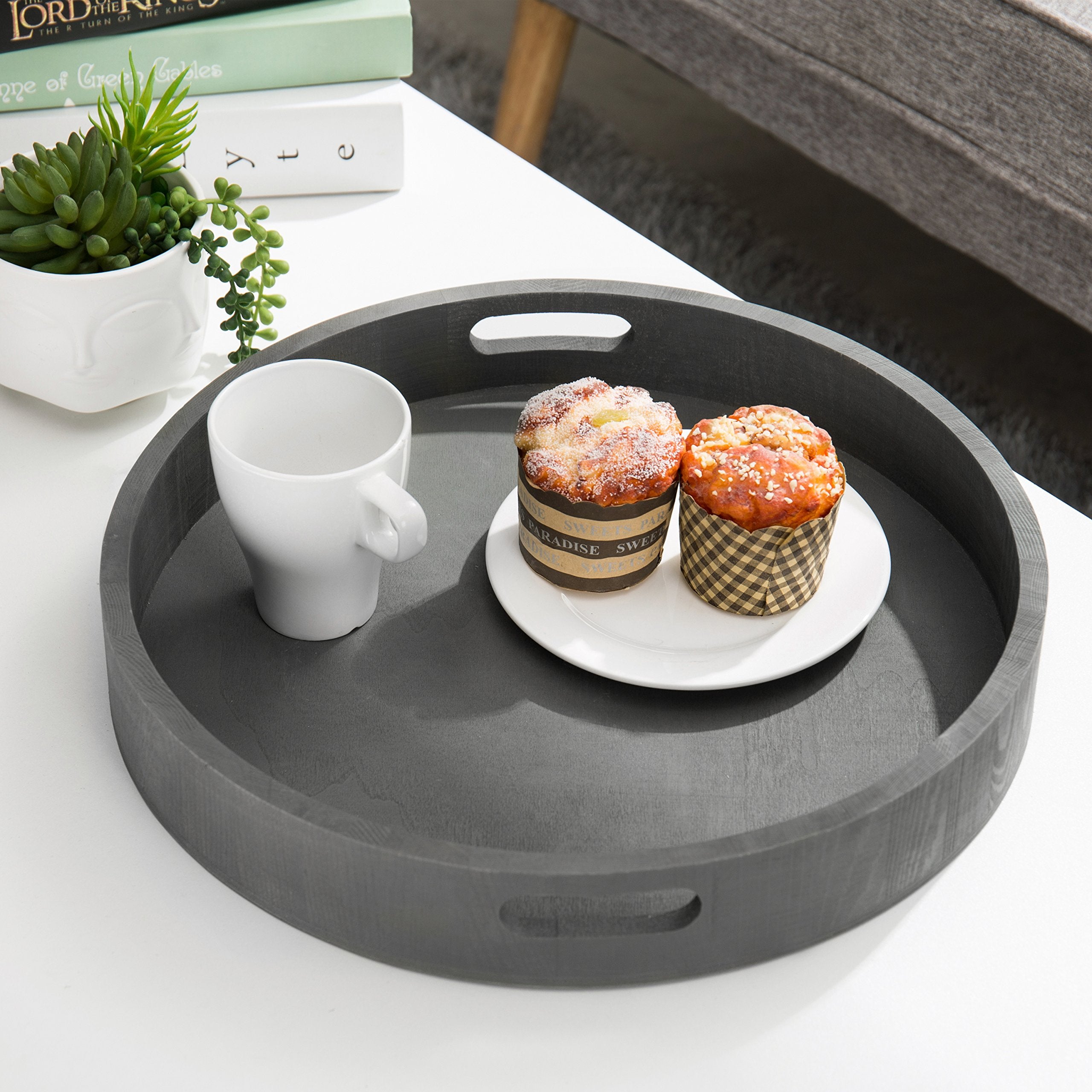 Mygift Rustic Charcoal Gray Wood Round Decorative Trays, 16 And 12 Inch Nesting Serving Trays, Set Of 2