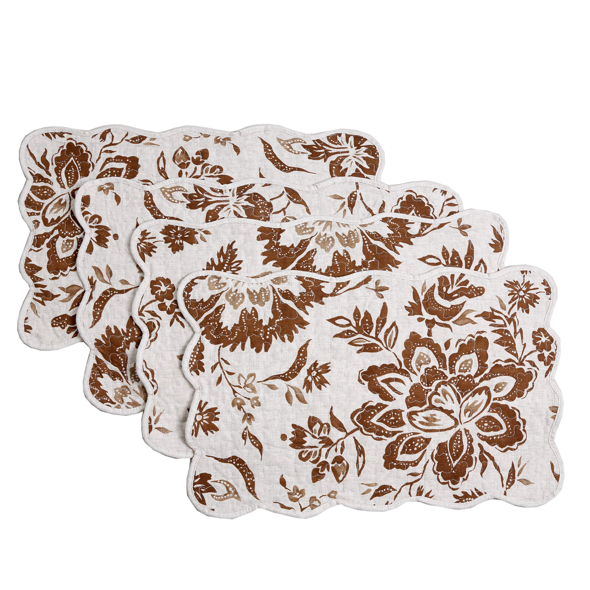Cozy Line Home Fashions Quilted Linen Cotton Table Runner And Placemats (Chocolate Flower, Placemats(Set Of 4) + Table Runner)