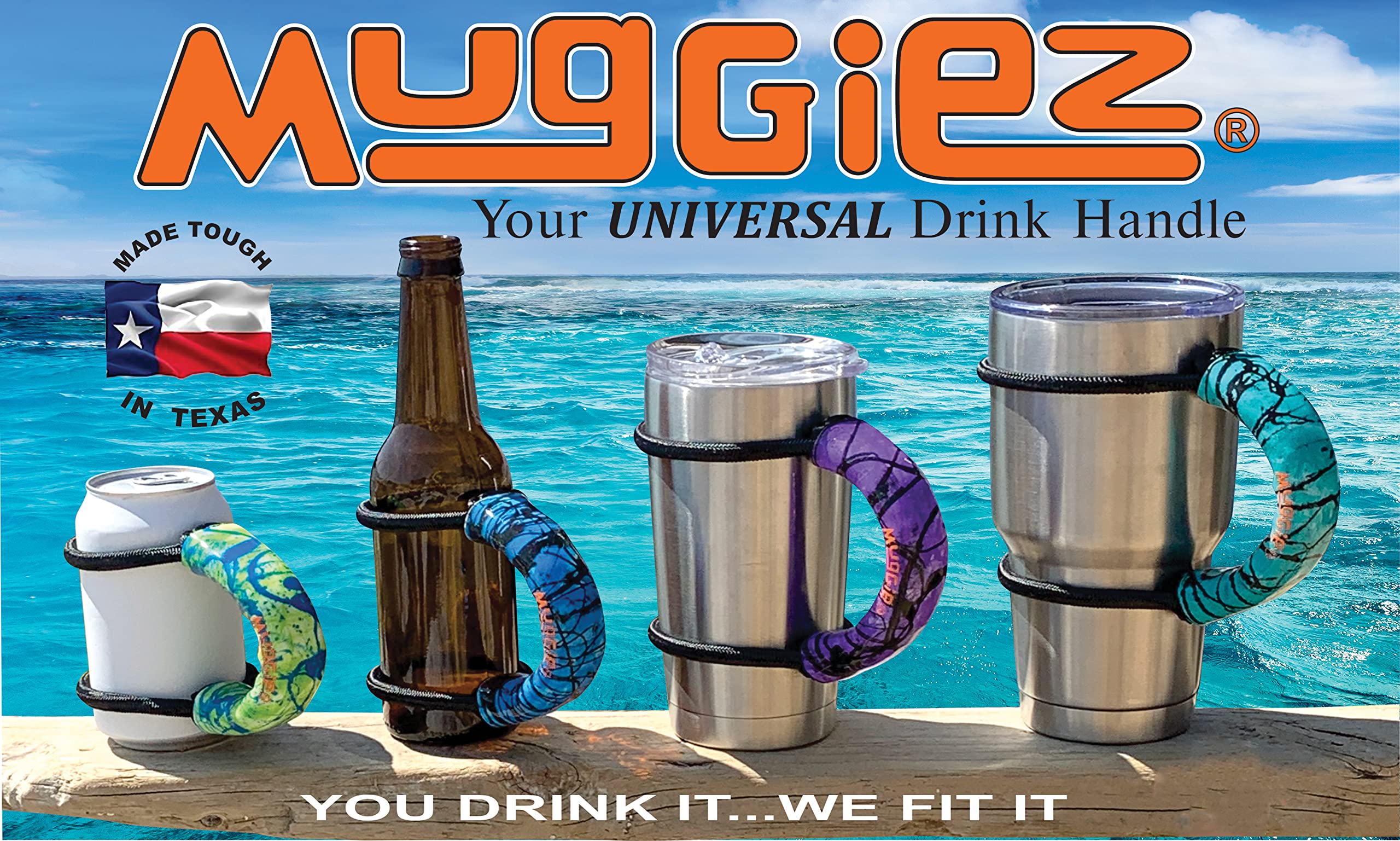Muggiez Universal Drink Handle, Poolside - Purple & Teal, The Original Cup Handle, Premium Quality, Tough, Cups, Mugs, Bottles,