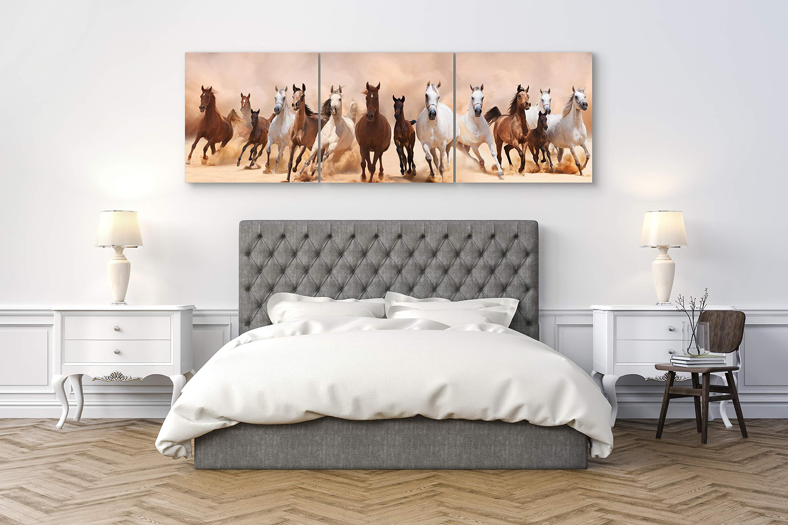 Canvas Wall Art Decor - 24x24 3 Piece Set (Total 24x72 inch)- Panoramic Galloping Horses - Large Decorative & Modern Multi Panel Split Canvas Prints for Dining & Living Room  Kitchen  Bedroom & Office