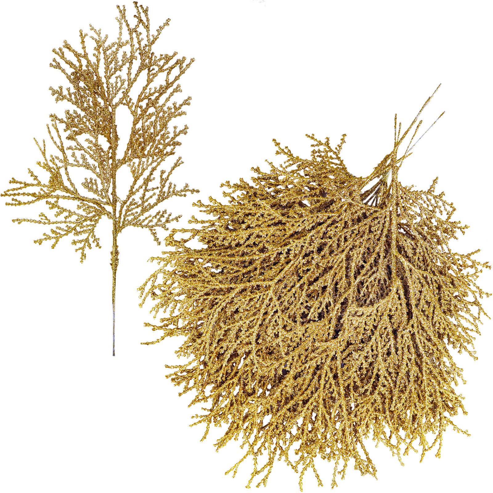 15 Pcs Gold Glitter Artificial Cedar Sprigs Picks Faux Cedar Branches Stems Christmas Tree Picks Sprays 15.4 H for Gold Christma
