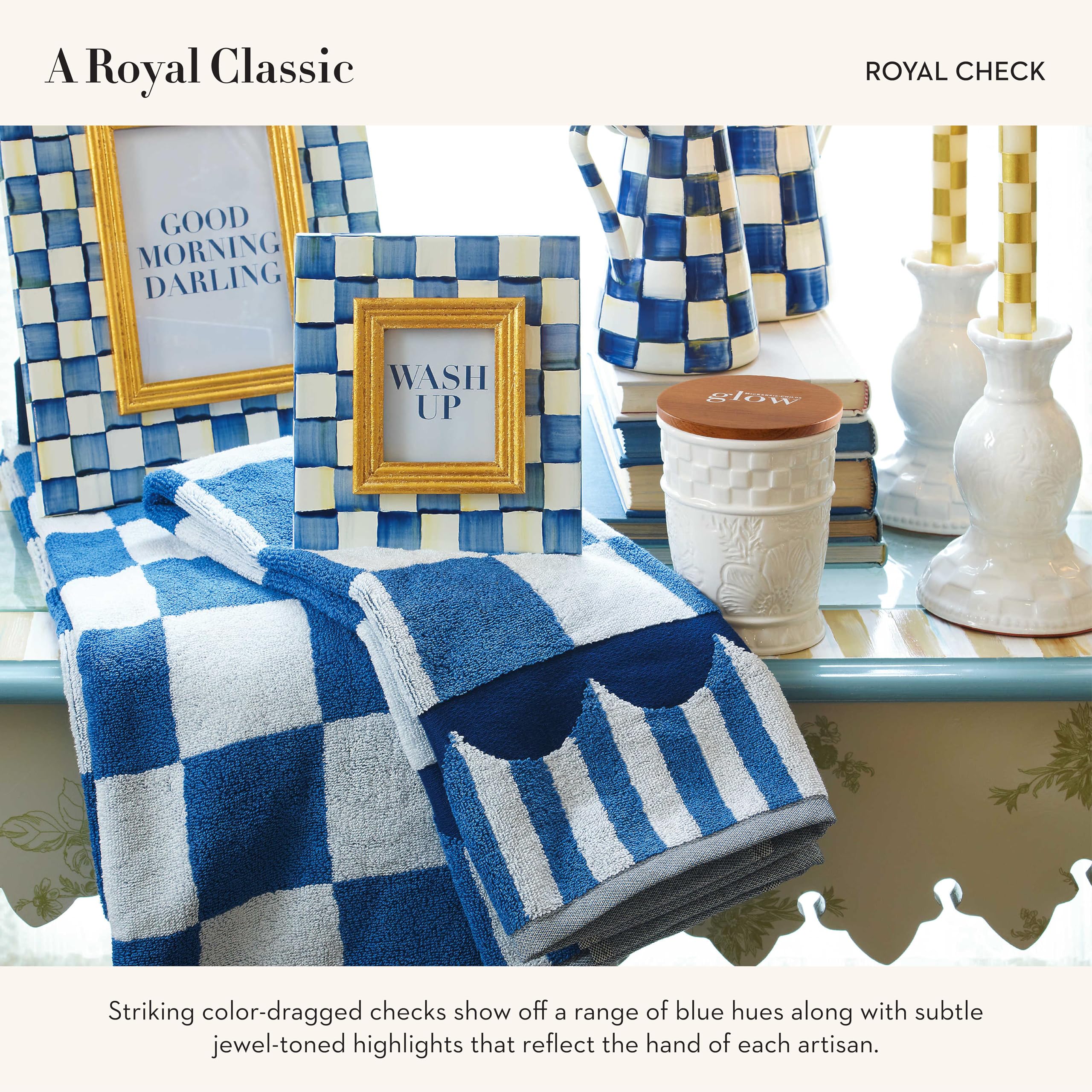 Mackenzie-Childs Hand Towel, Cute Decorative Hand Towel For Bathroom And Kitchen, Blue-And-White Royal Check