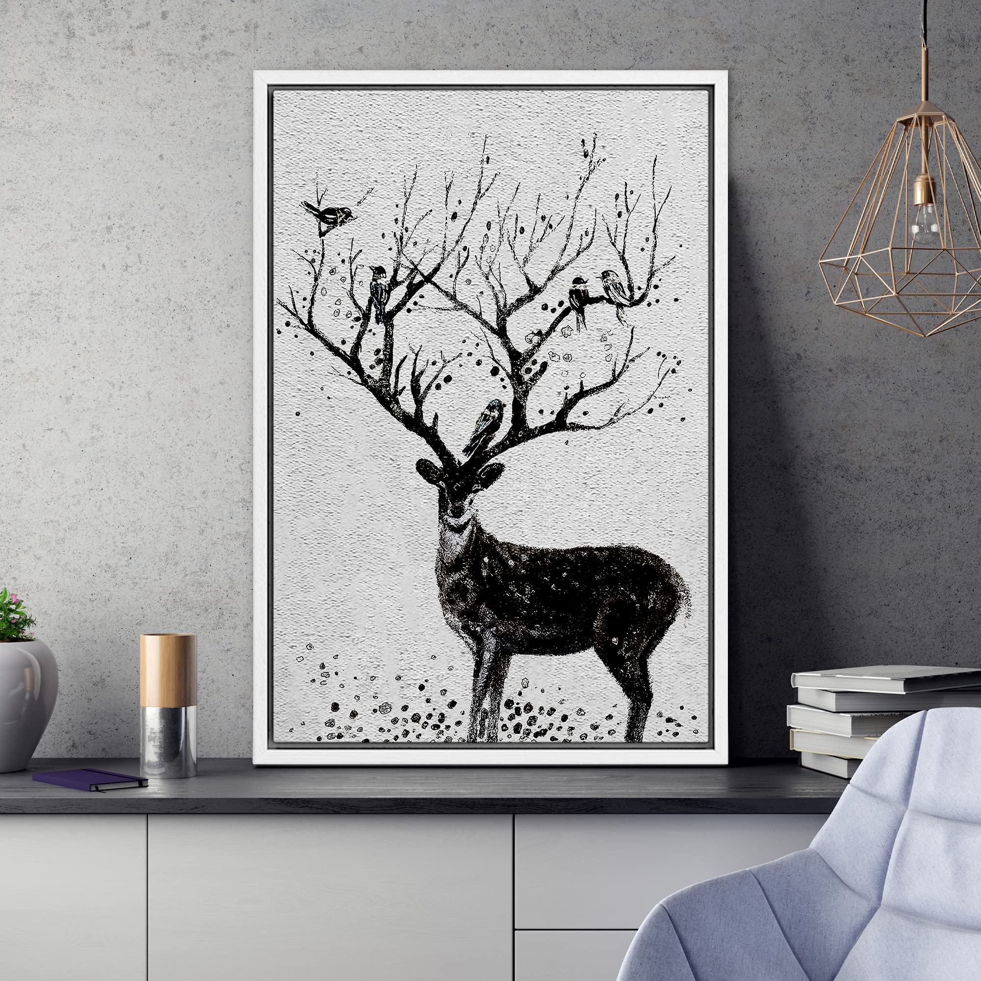Signwin Framed Canvas Print Wall Art Black & White Deer With Birds On Antlers Wildlife Animals Illustrations Modern Chic Scenic