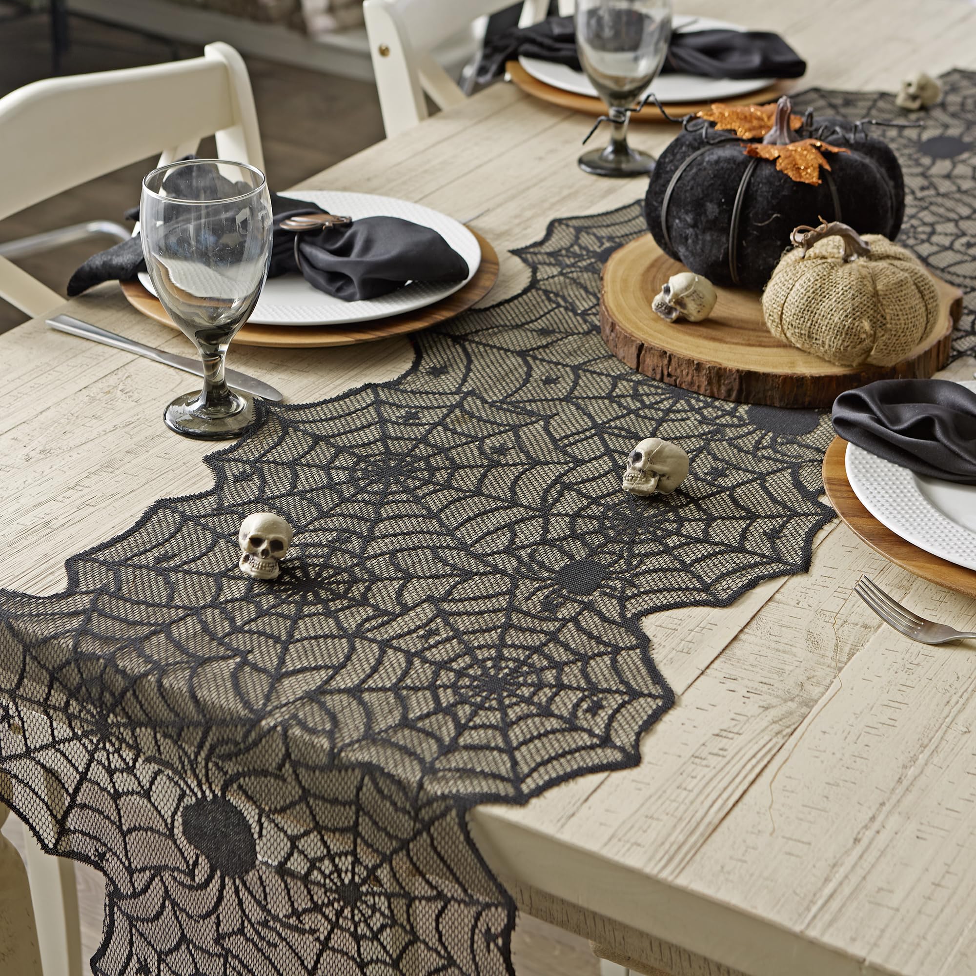 DII Black Lace Overlay Tabletop Collection Gothic Halloween Decor  Table Runner  18x72  Spider Web