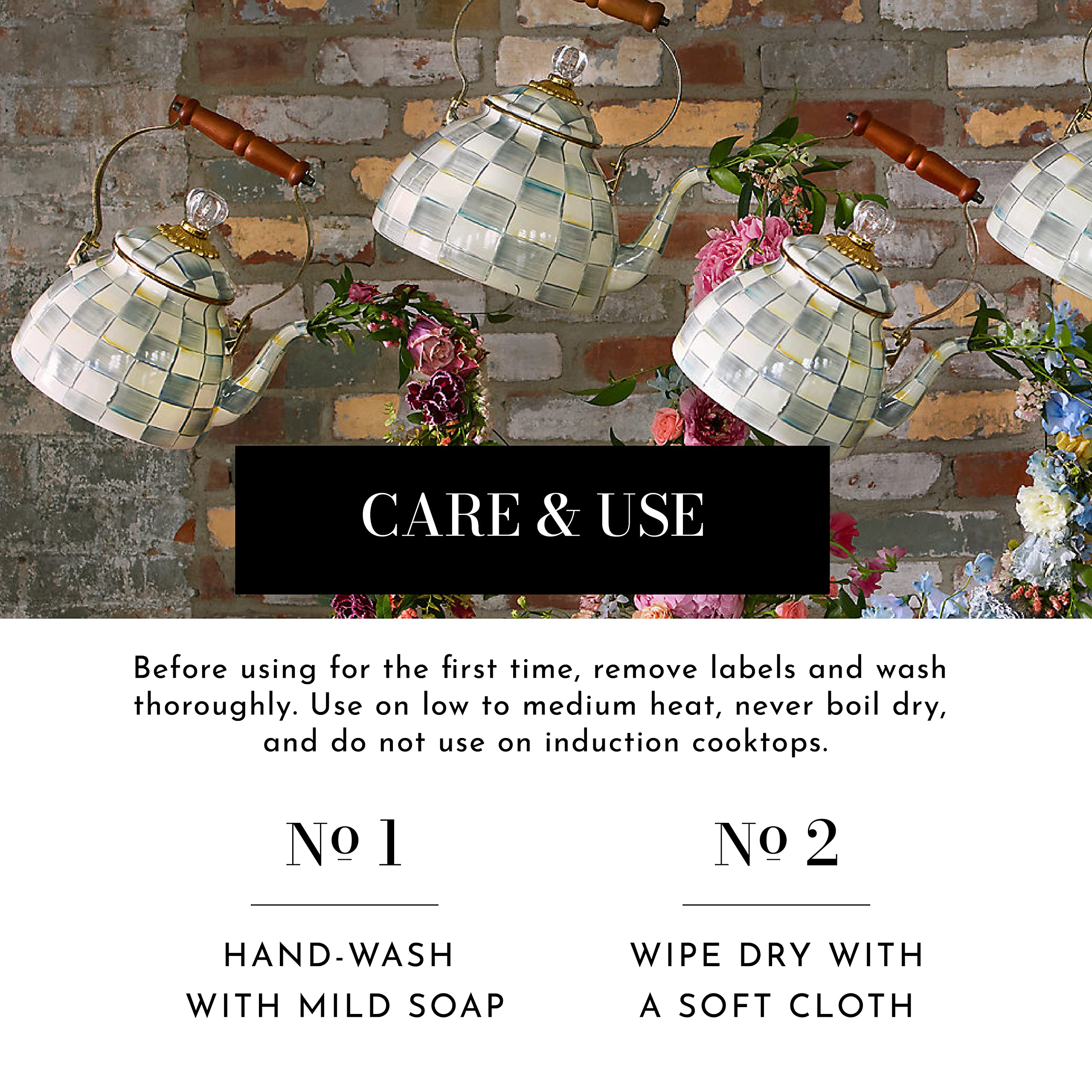 Mackenzie-Childs Sterling Check Enamel Tea Kettle, Decorative Tea Kettle, 3-Quart Capacity