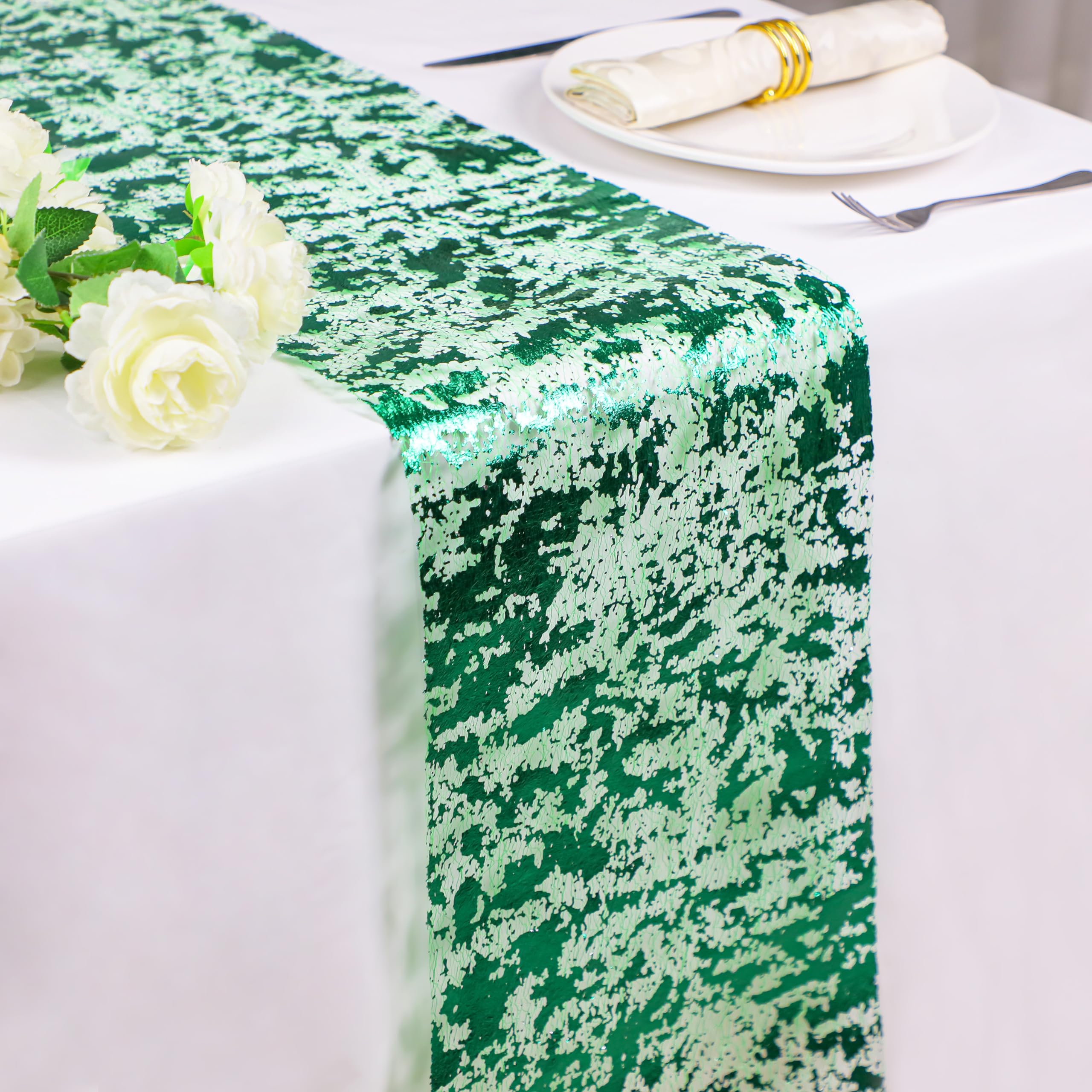Snowkingdom 2 Pieces Green Table Runner, Christmas Winter Table Decorations, 11X108 Inch Sequin Glitter Metallic Thin Mesh Table