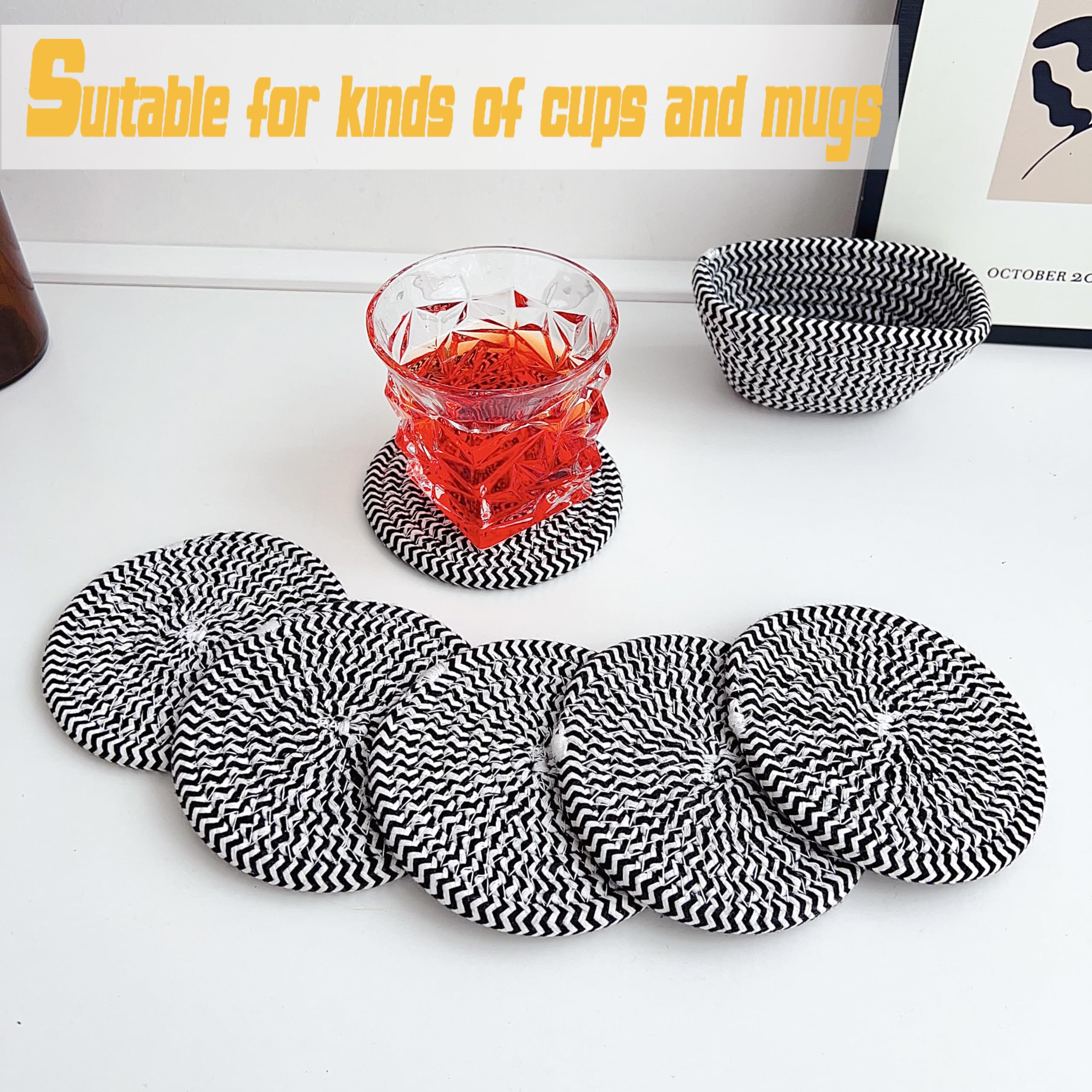Valdivia Boho Drink Coasters With Storage Basket, Handmade Woven Cotton Absorbent Coaster Set Of 6, Minimalist Home Decor For Co
