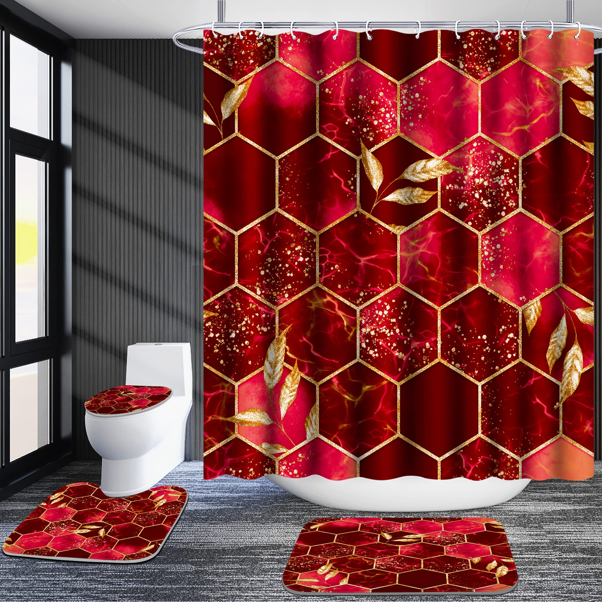 Poedist 4 Pcs Bathroom Shower Curtain Set Red Honeycomb Marble Bathroom Sets with Rugs(Bath Mat U Shape and Toilet Lid Cover Mat) and 12 Durable Hooks