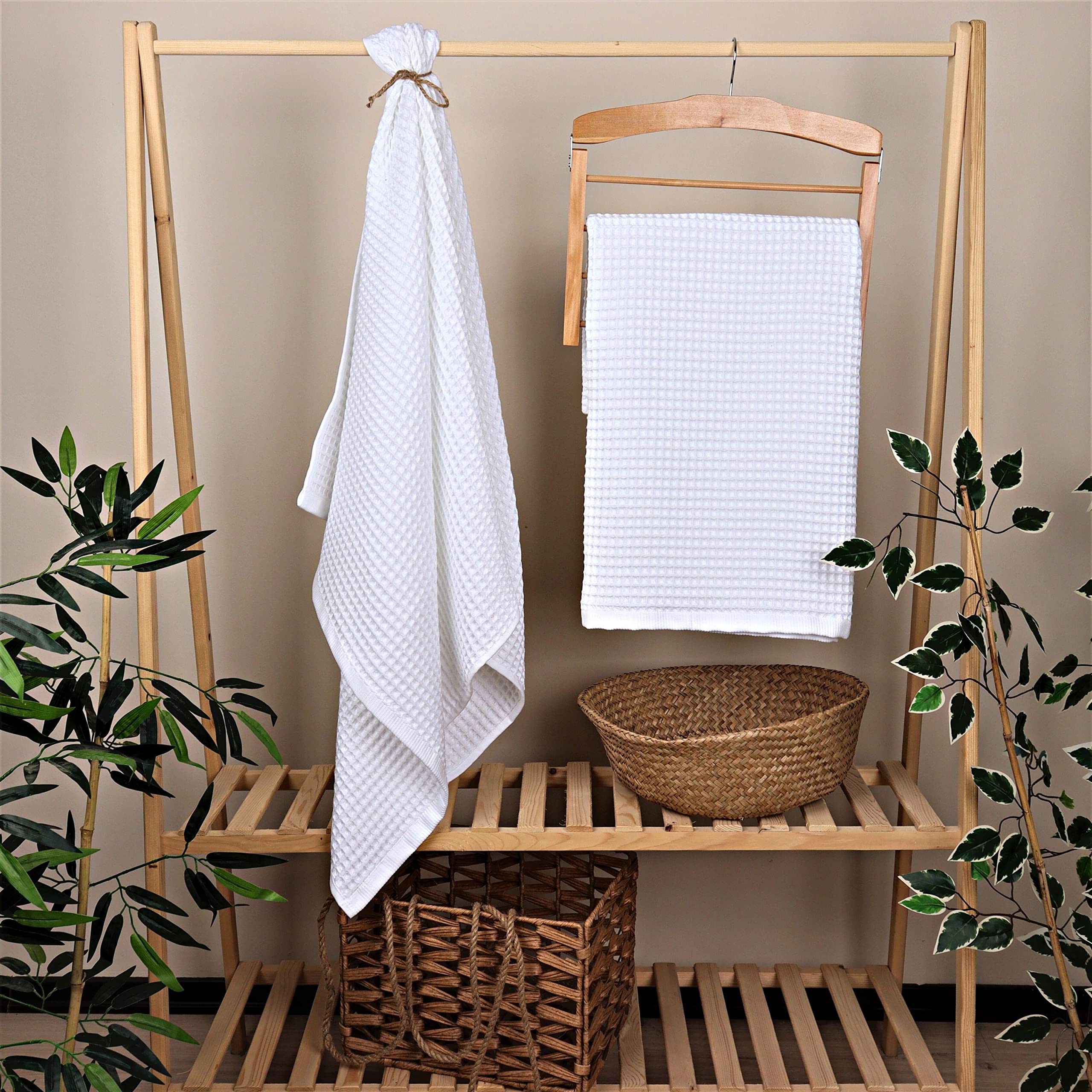 Pskl - 4 Pieces Waffle Towel Sets For Bathroom, Premium Organic Turkish Cotton 2 Hand Towels 2 Bath Towels Set (White)