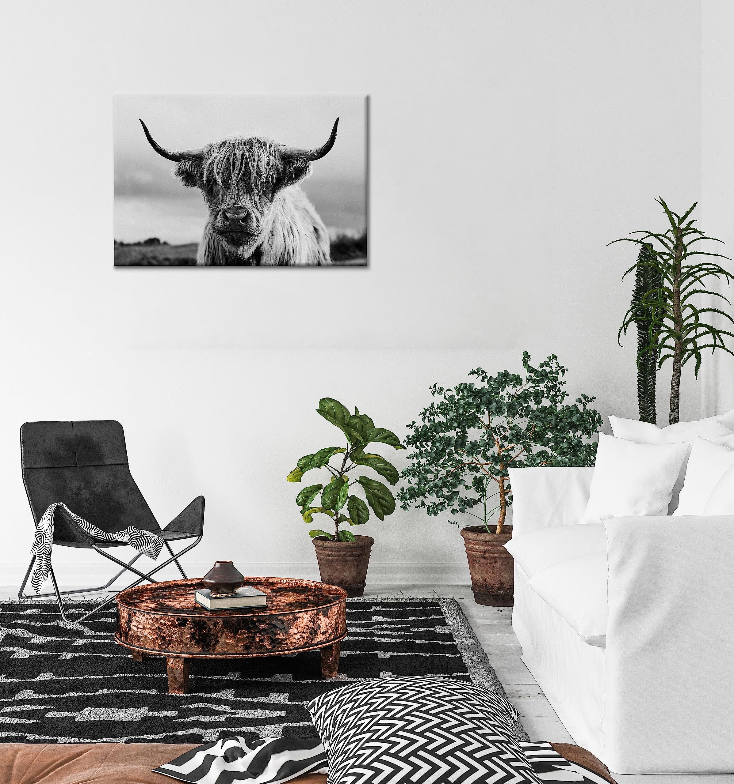 Highland Cow Wall Art Canvas Print Black And White Animal Canvas Picture Framed Art Wall Decor For Bedroom Bathroom (12X16 Inch)