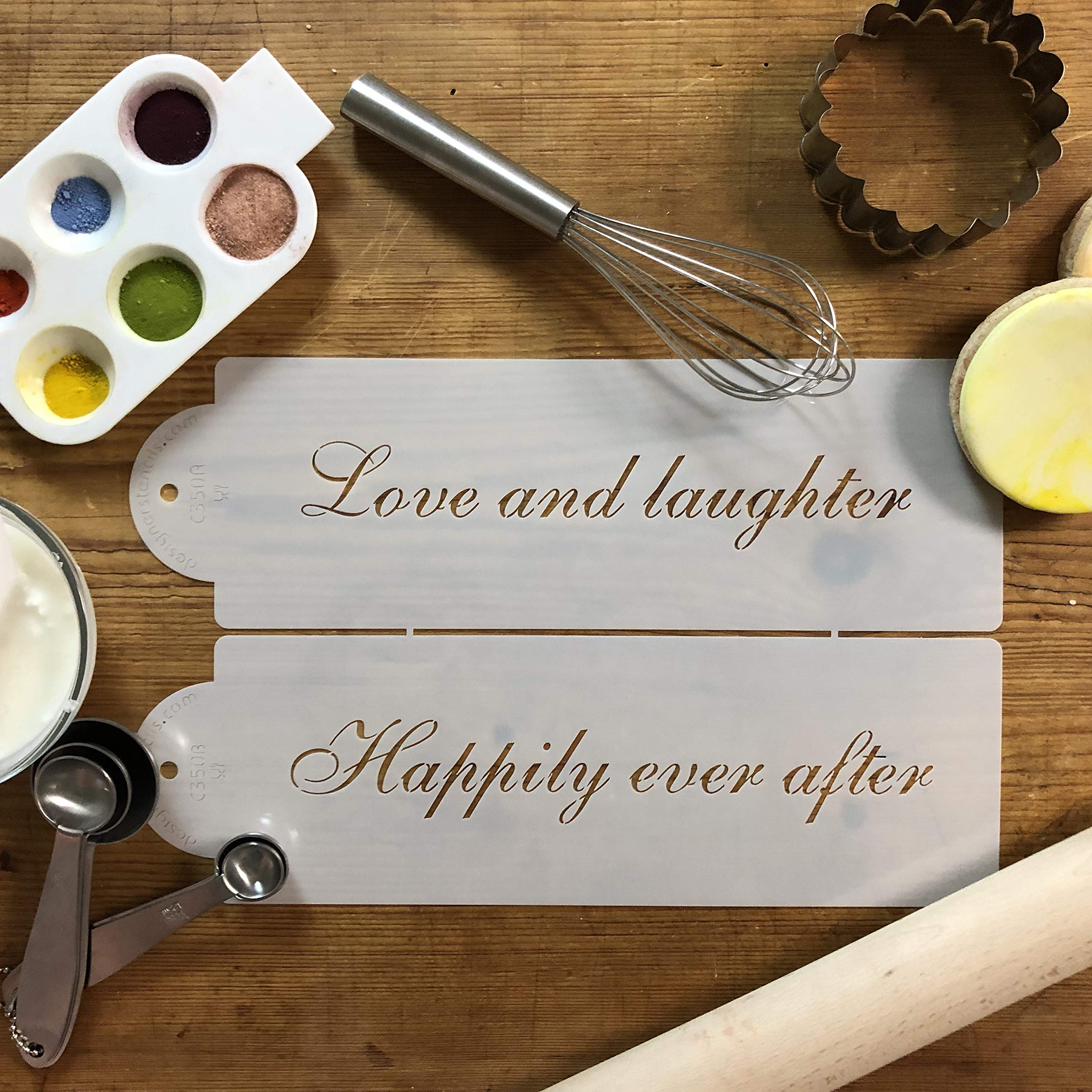 Designer Stencils Love And Laughter Cake Stencils, Beige/Semi-Transparent 4 X 12.25, 2 X 2