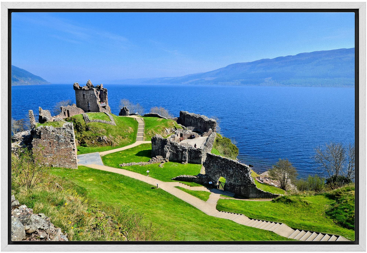 Beautiful Scenery Landscape Of Ruins Of Urquhart Castle Along Loch Ness Scotland - Framed Canvas Art Wall Art - 16''X24'' White