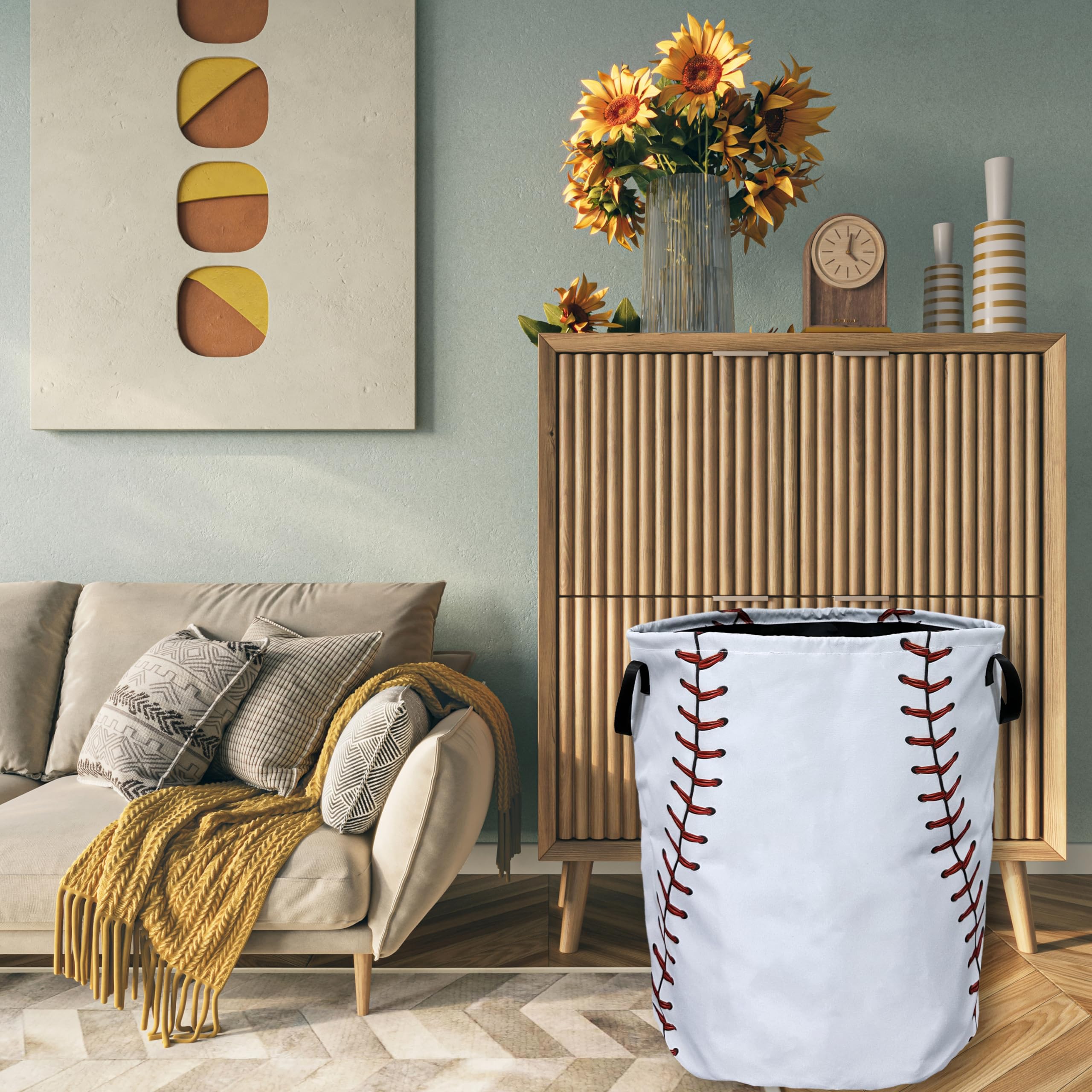 Baseball Texture Pattern Laundry Basket Foldable With Handles Tote Bag Oxford Cloth Funny Laundry Hamper Clothes Storage Bucket