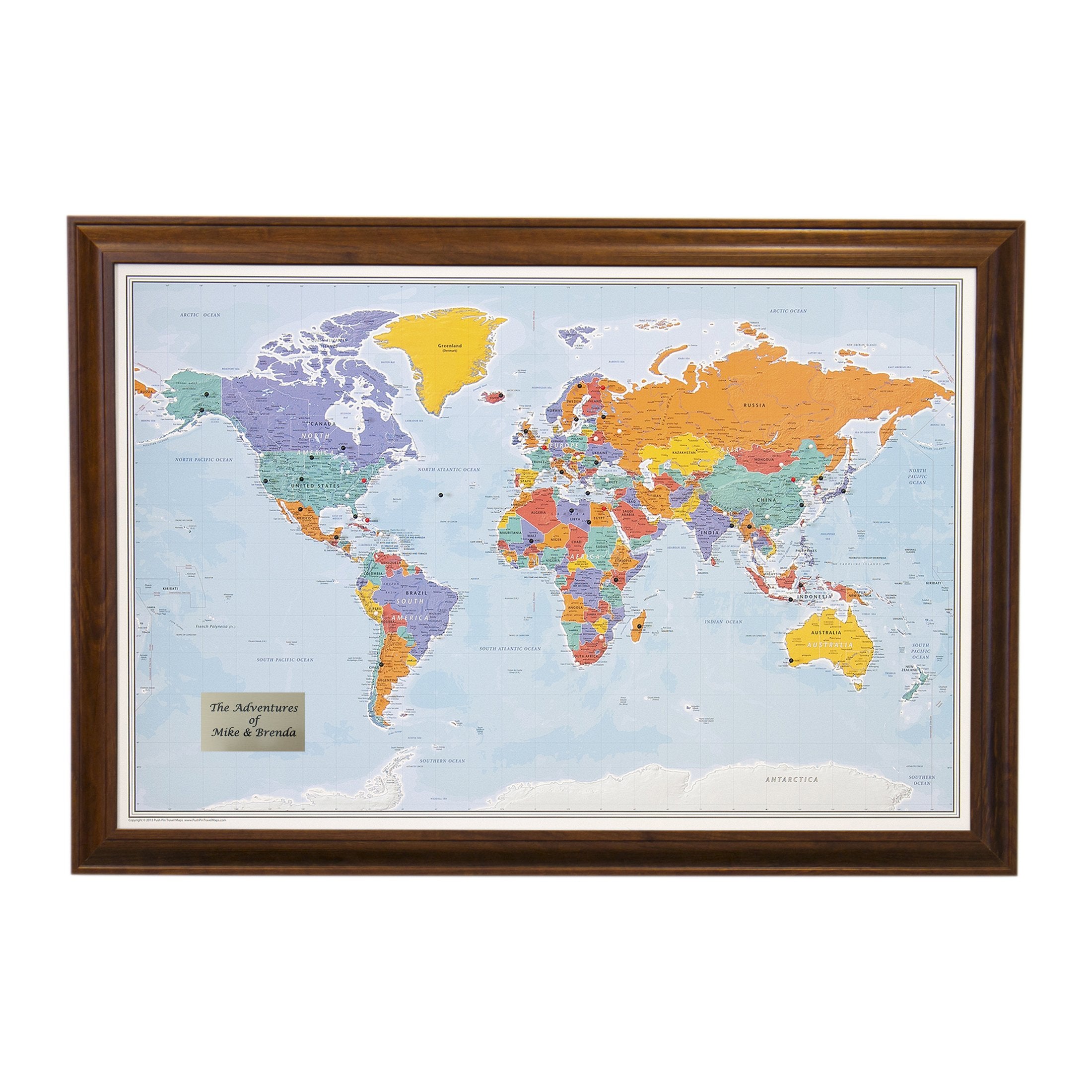 Push Pin Travel Maps - Customizable Blue Oceans World Push Pin Travel Map With Brown Frame- 27.5'' X 39.5'' - 8 Handcrafted Fram