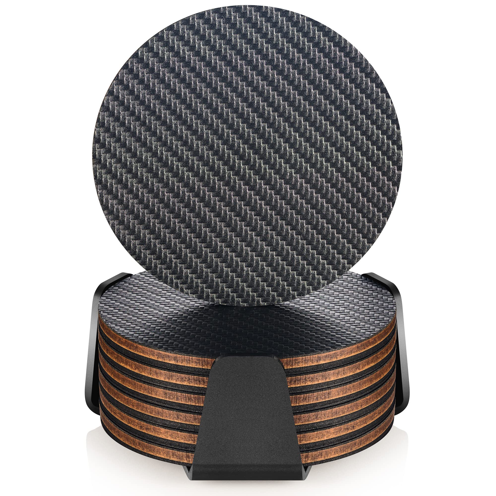 Modern Coasters For Drinks With Holder, Premium Carbon & Wood Drink Coaster, Unique Design (Dark Gray V2)