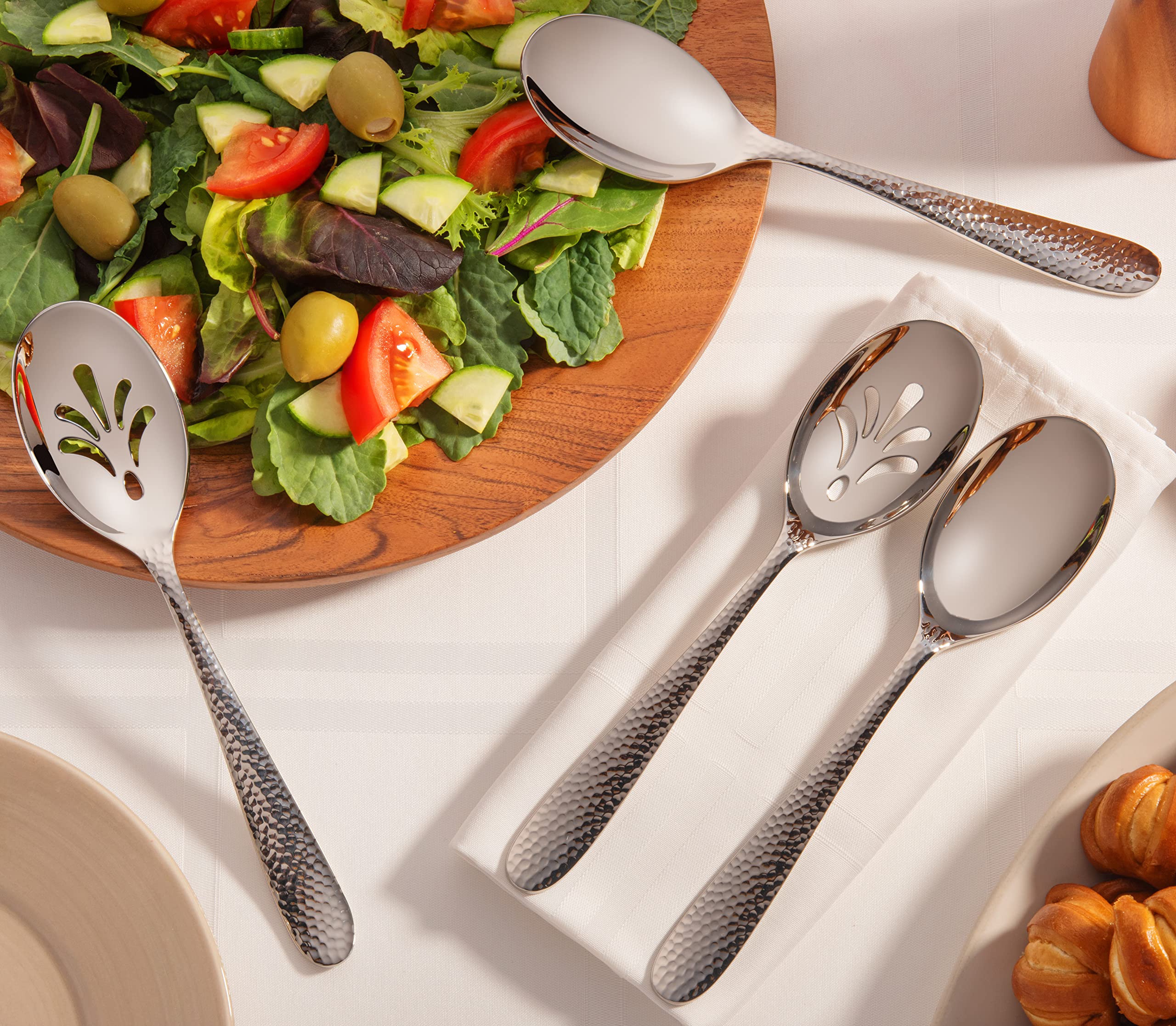 Hudson Essentials 9-Piece Bergamo Hammered 18/10 Stainless Steel Serving Fork & Serving Spoon Set - Flatware Silverware