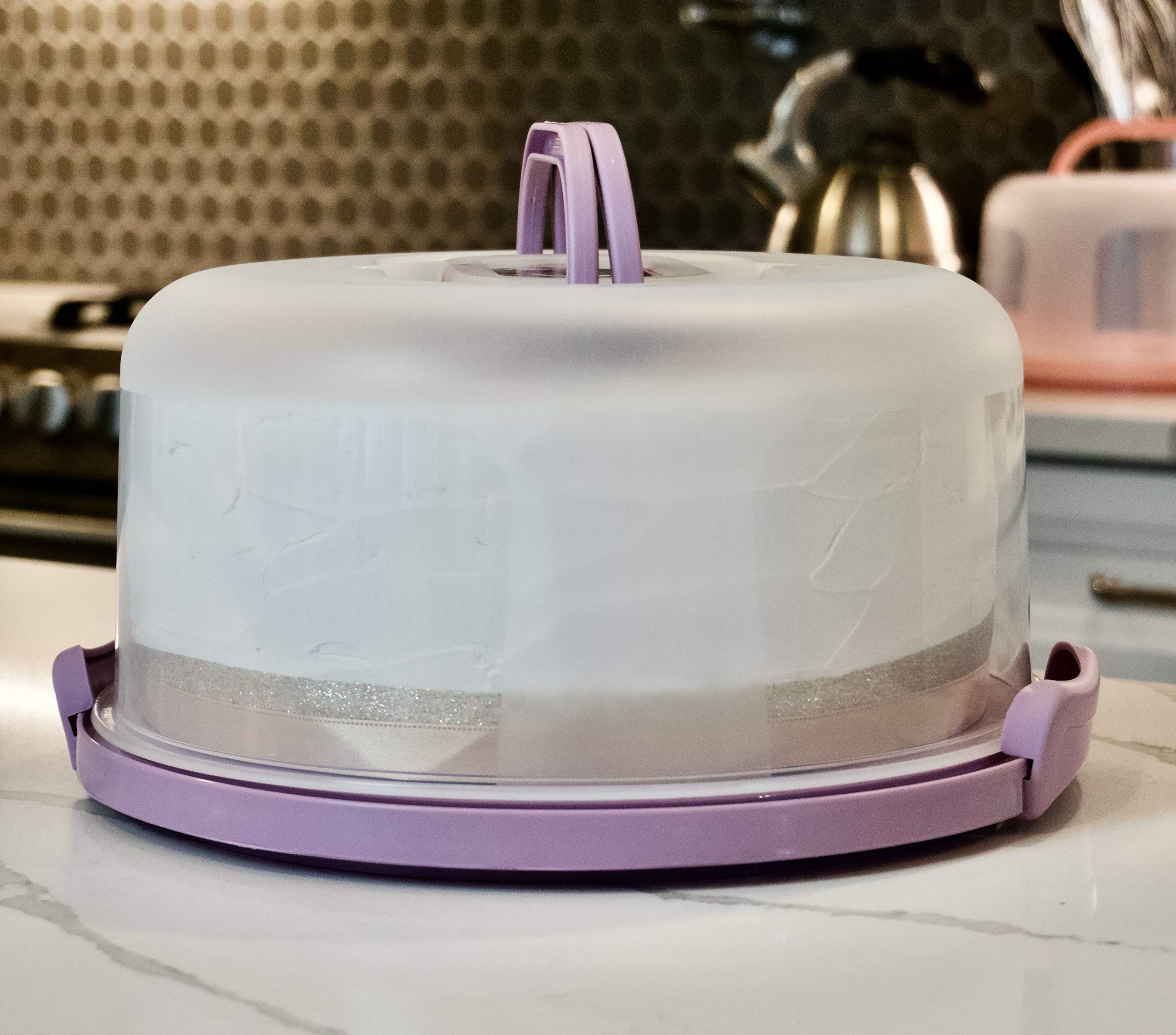 Top Shelf Elements Round Cake Carrier Two Sided Cake Holder Serves As Five Section Serving Tray, Portable Cake Stand Fits 10 Inc