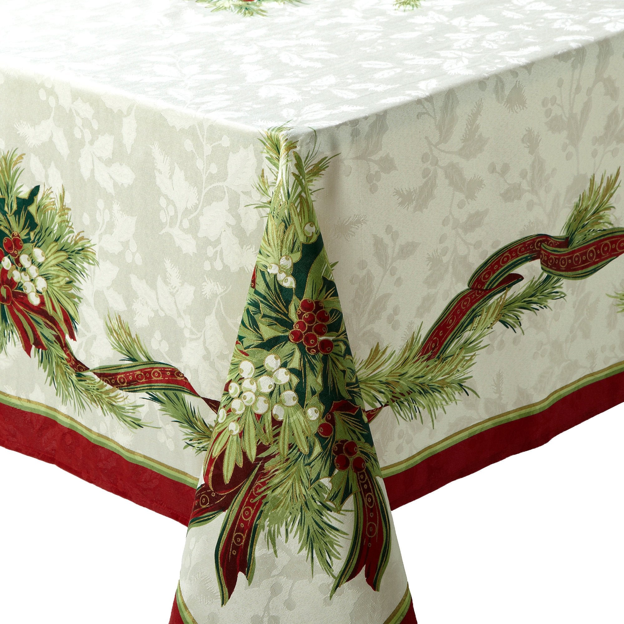 Benson Mills Christmas Ribbons Engineered Printed Fabric Table Cloth, Winter, Holiday And Christmas Tablecloth (60'' X 84'' Rect