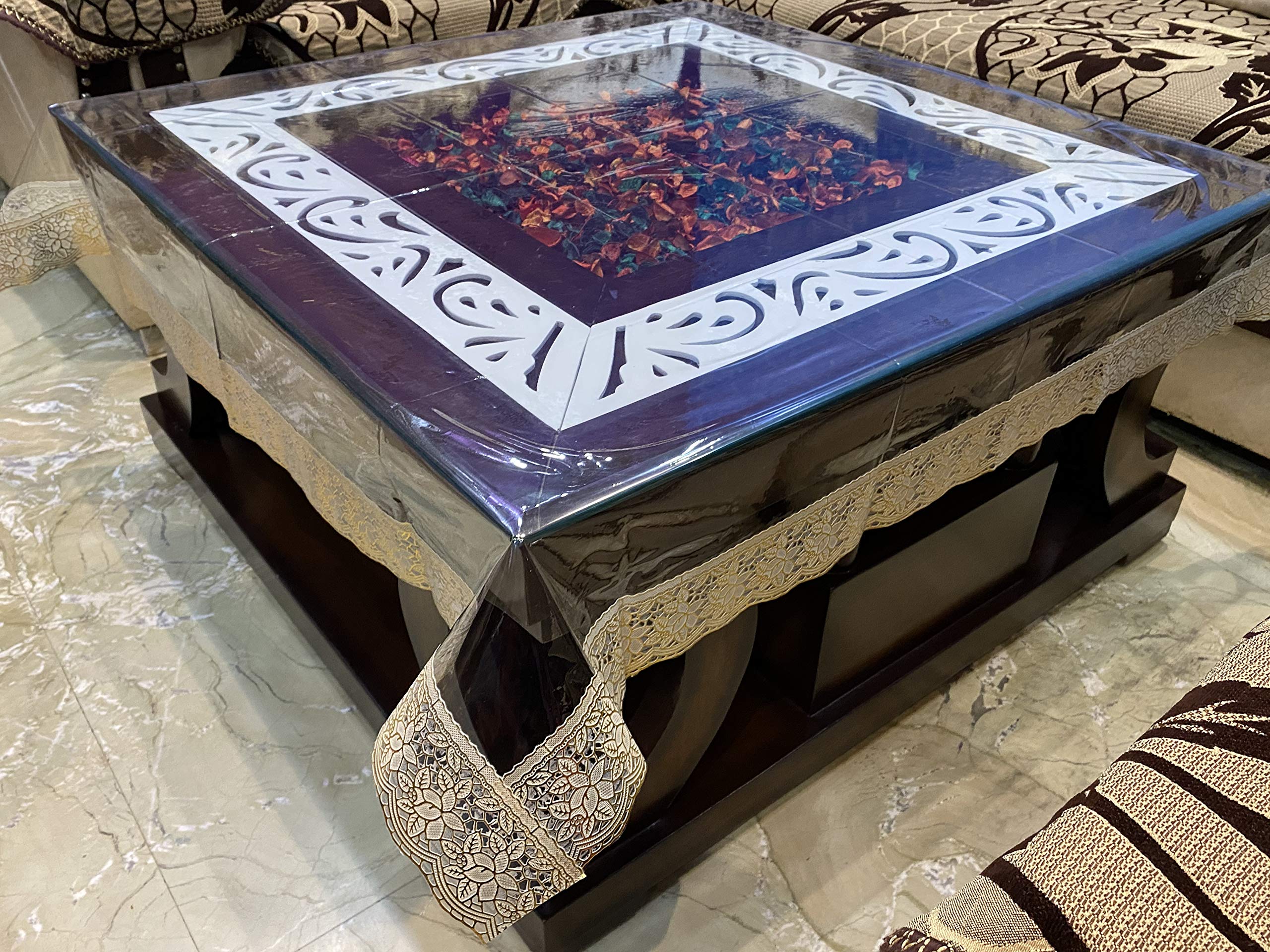 Jainco Decor Square Transparent Table Cover (48 x 48, Gold)(Polyvinyl Chloride (PVC), pack of 1)
