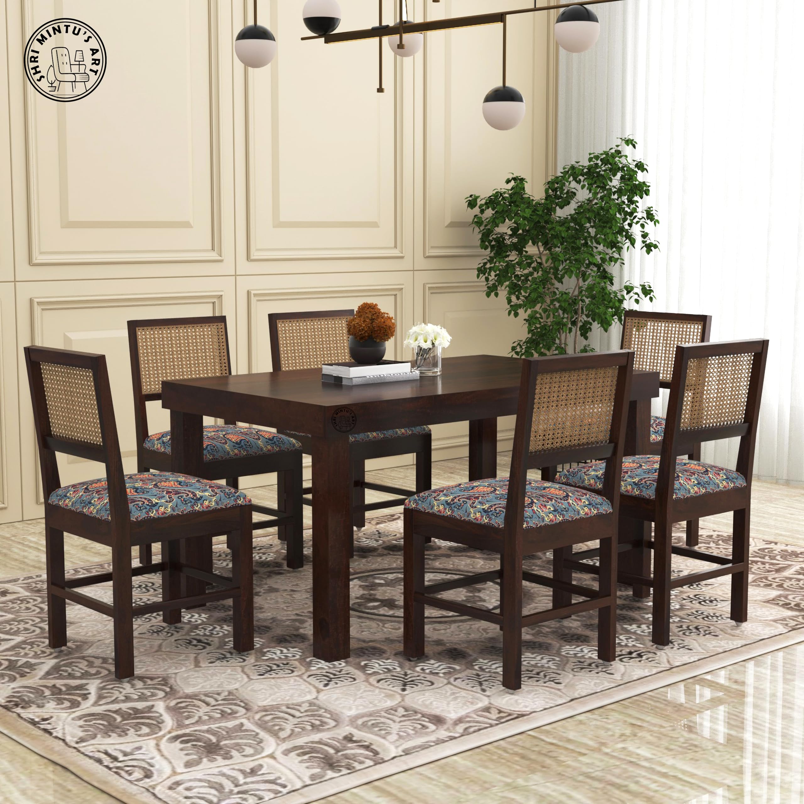 Shri MintuS Art Wooden 6 Seater Dining Table Set | Six Seater Dinning Table With Printed Cushioned Chairs For Home | Dining Roo