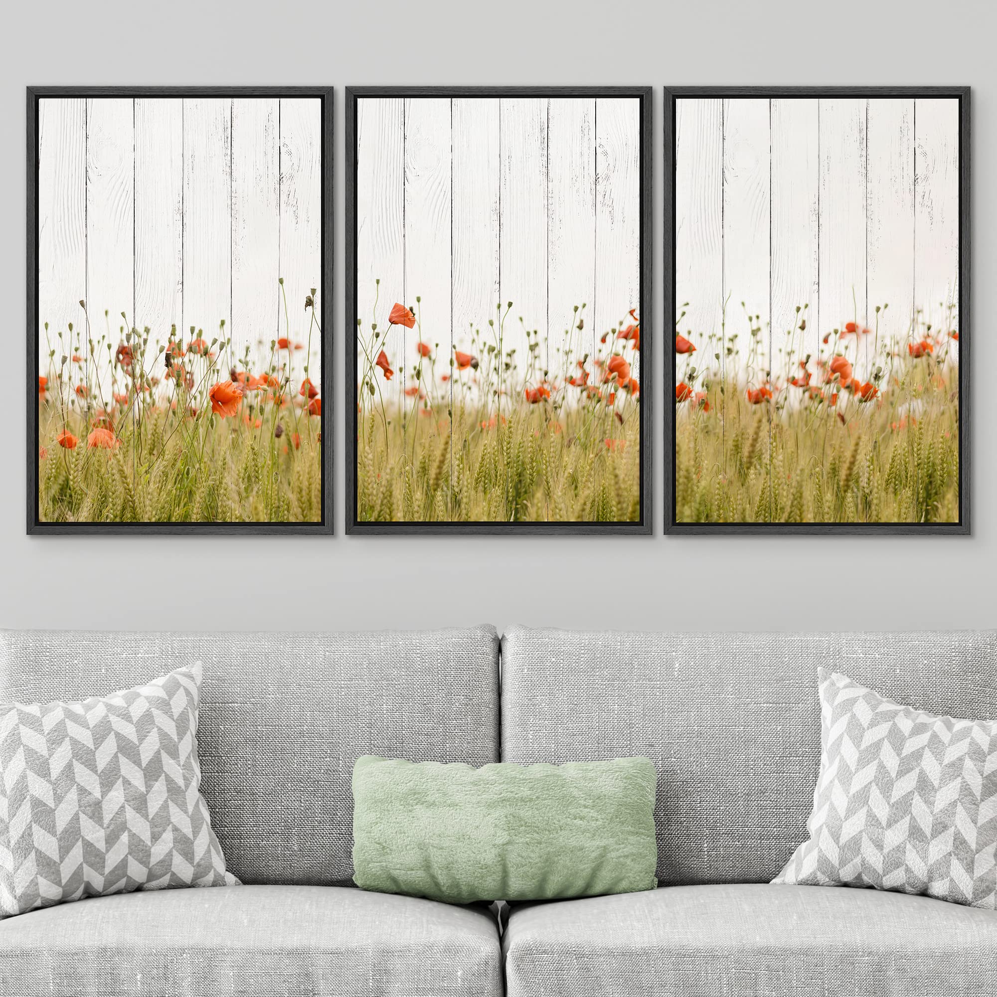Signwin Framed Canvas Print Wall Art Set Wood Panel Style Red Poppy Flowers Nature Wilderness Illustrations Modern Art Decorativ