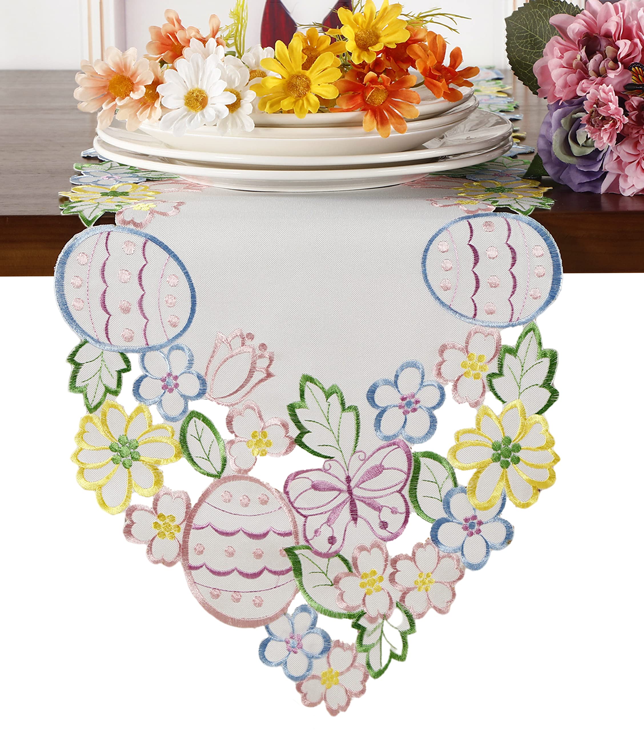 Easter Spring Table Runner Cutwork Embroidered Floral And Eggs Butterflies Dresser Scarf Table Topper Home Kitchen Dining Tablet