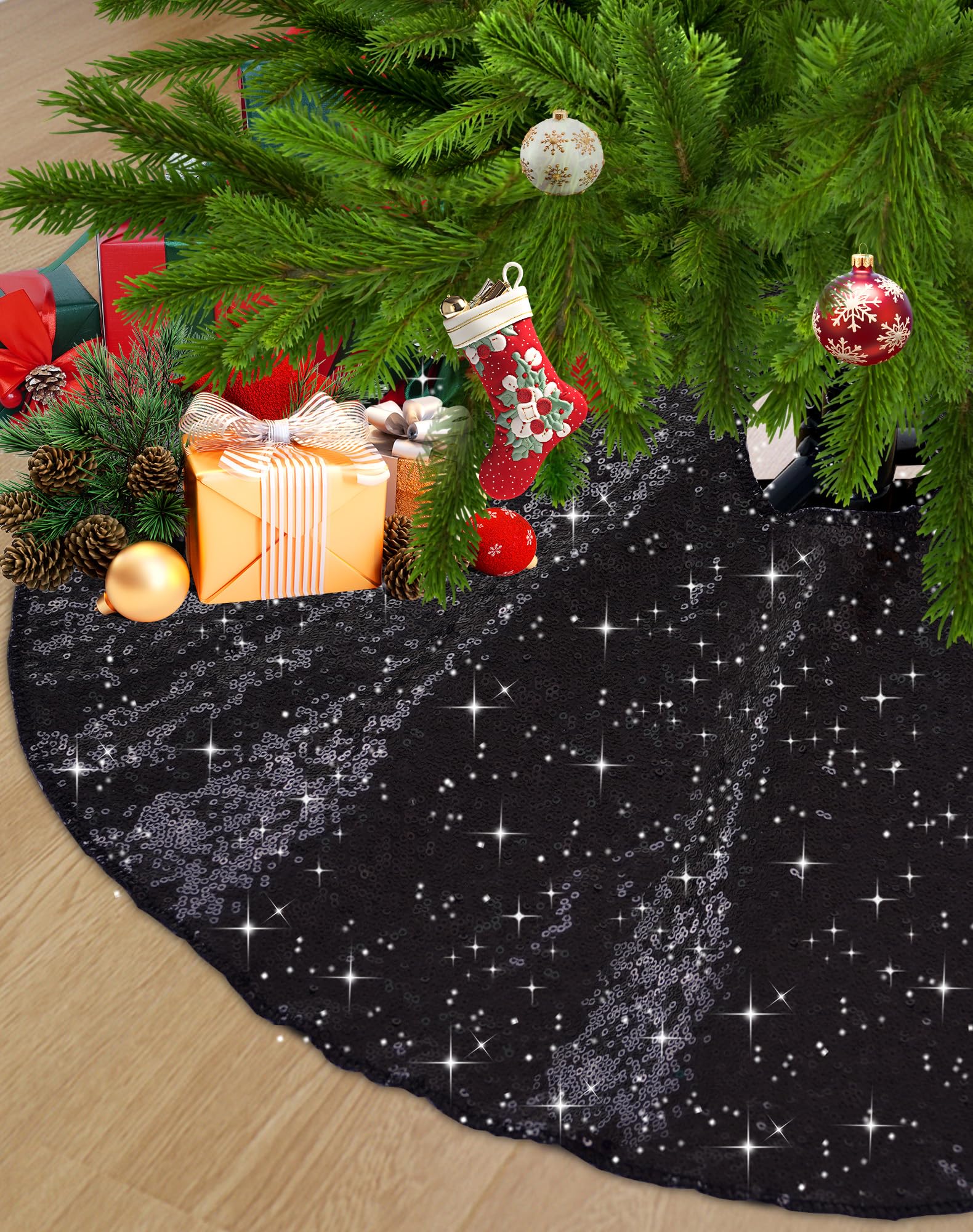 SquarePie Christmas Sequin Tree Skirt Glitter Halloween Decoration 24 Inch Black Thick Satin Backing