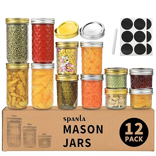 Mason Jars Canning Jars, 12 Pack Glass Jars Jelly Jars With Regular Lids, Ideal For Jam, Honey, Wedding Favors, Shower Favors, B
