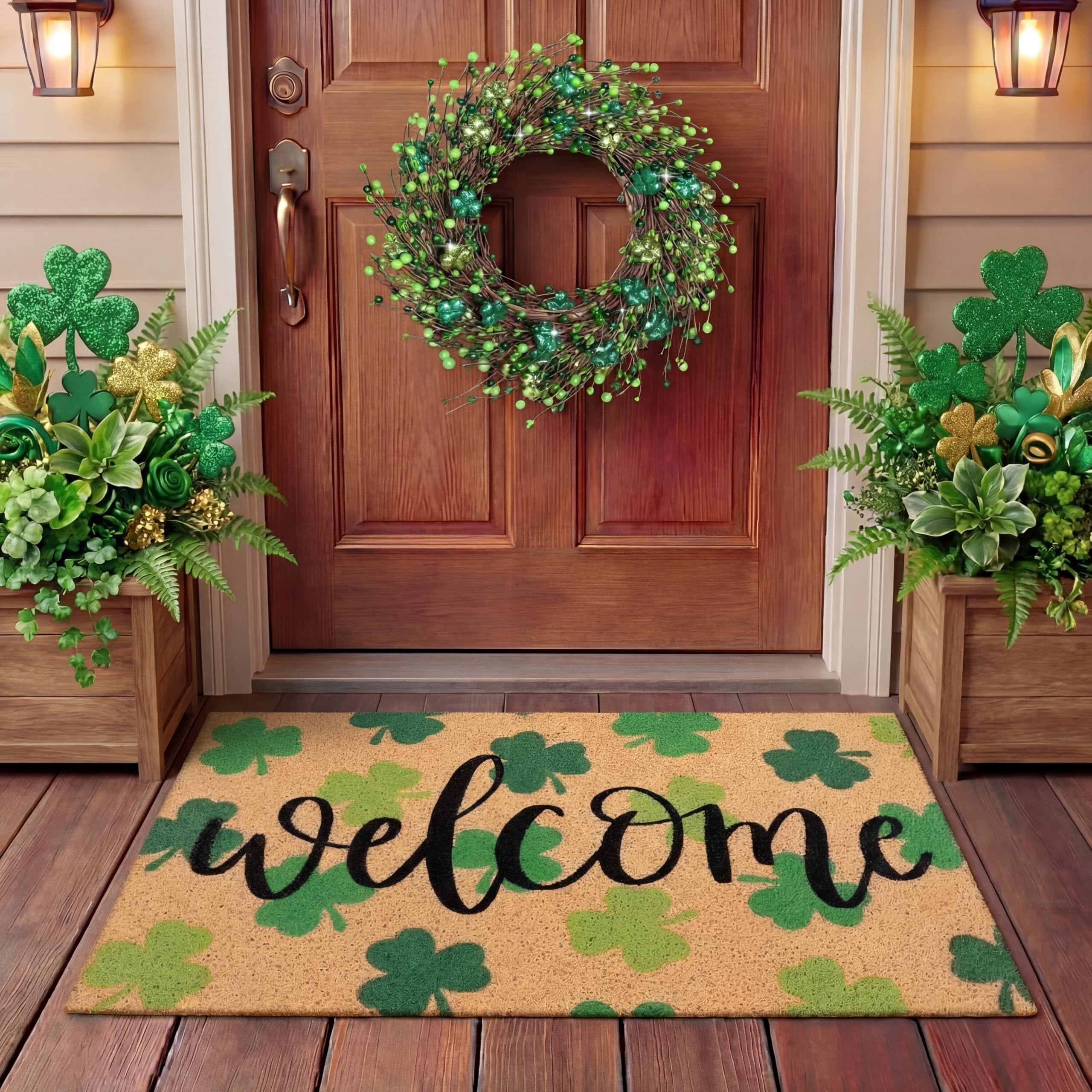 Tingjoo 2 Pcs St. PatrickS Day Coir Door Mat And Shamrock Wreath For Front Door Green Shamrock Welcome Doormat Irish St. Patric