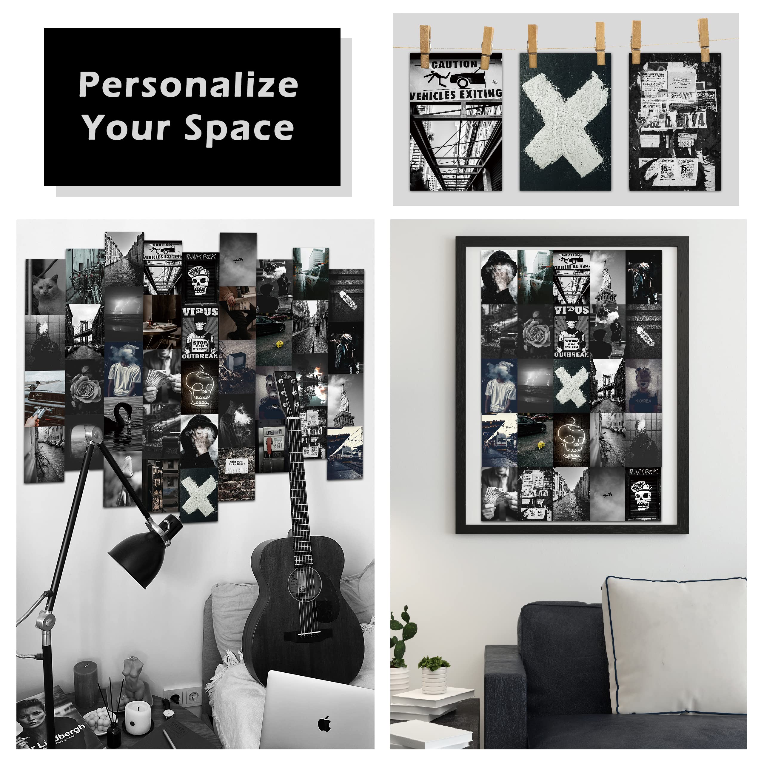 Lovedmore Grunge Aesthetic Wall Collage Kit - 40Pcs 4X6Inch Dark & Black Picture Set For Dorm & Bedroom Room Decor